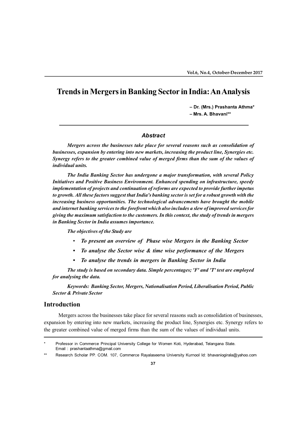 Trends in Mergers in Banking Sector in India: an Analysis