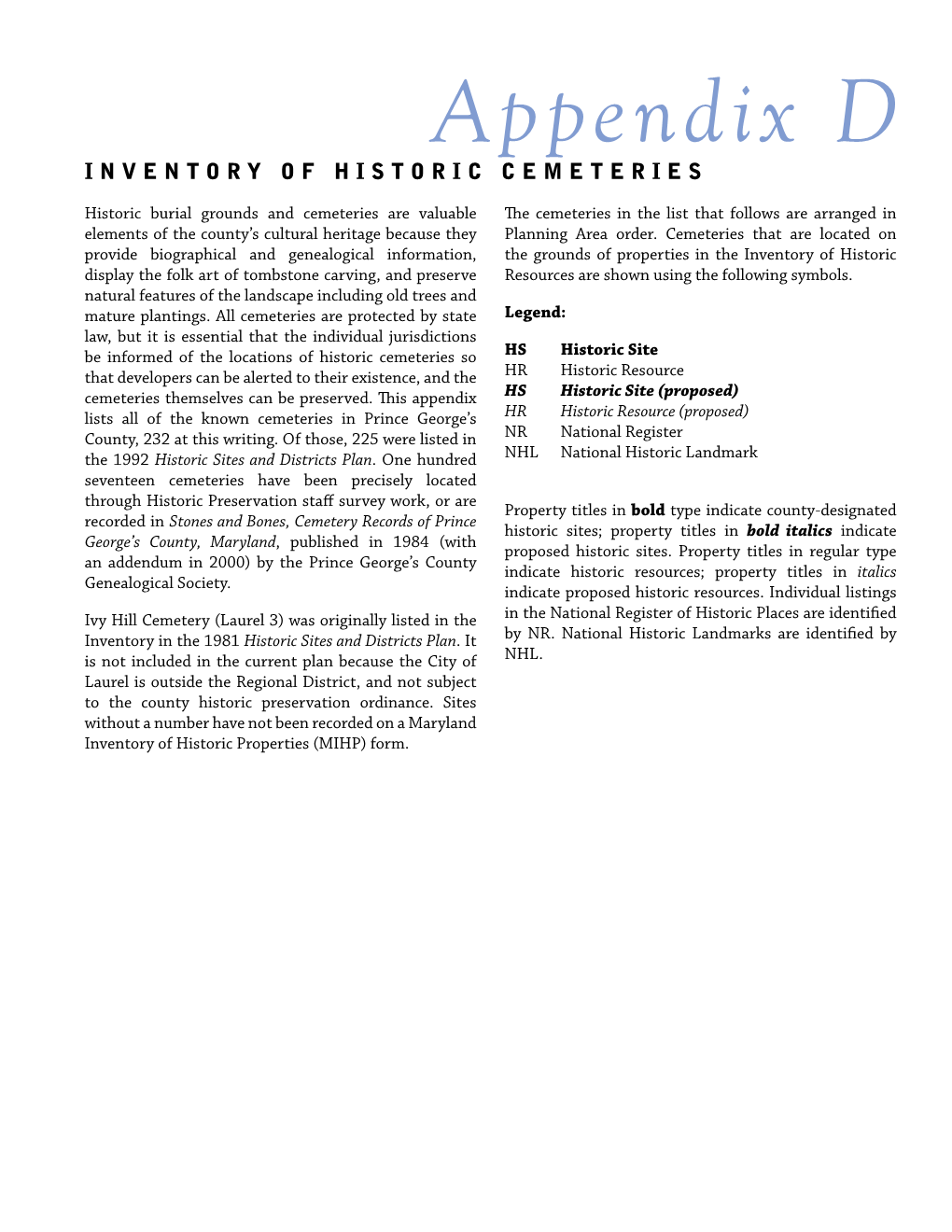 Appendix D Inventory of Historic Cemeteries