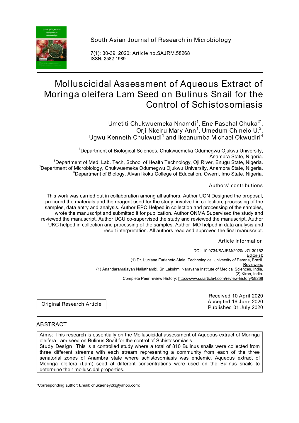 Molluscicidal Assessment of Aqueous Extract of Moringa Oleifera Lam Seed on Bulinus Snail for the Control of Schistosomiasis