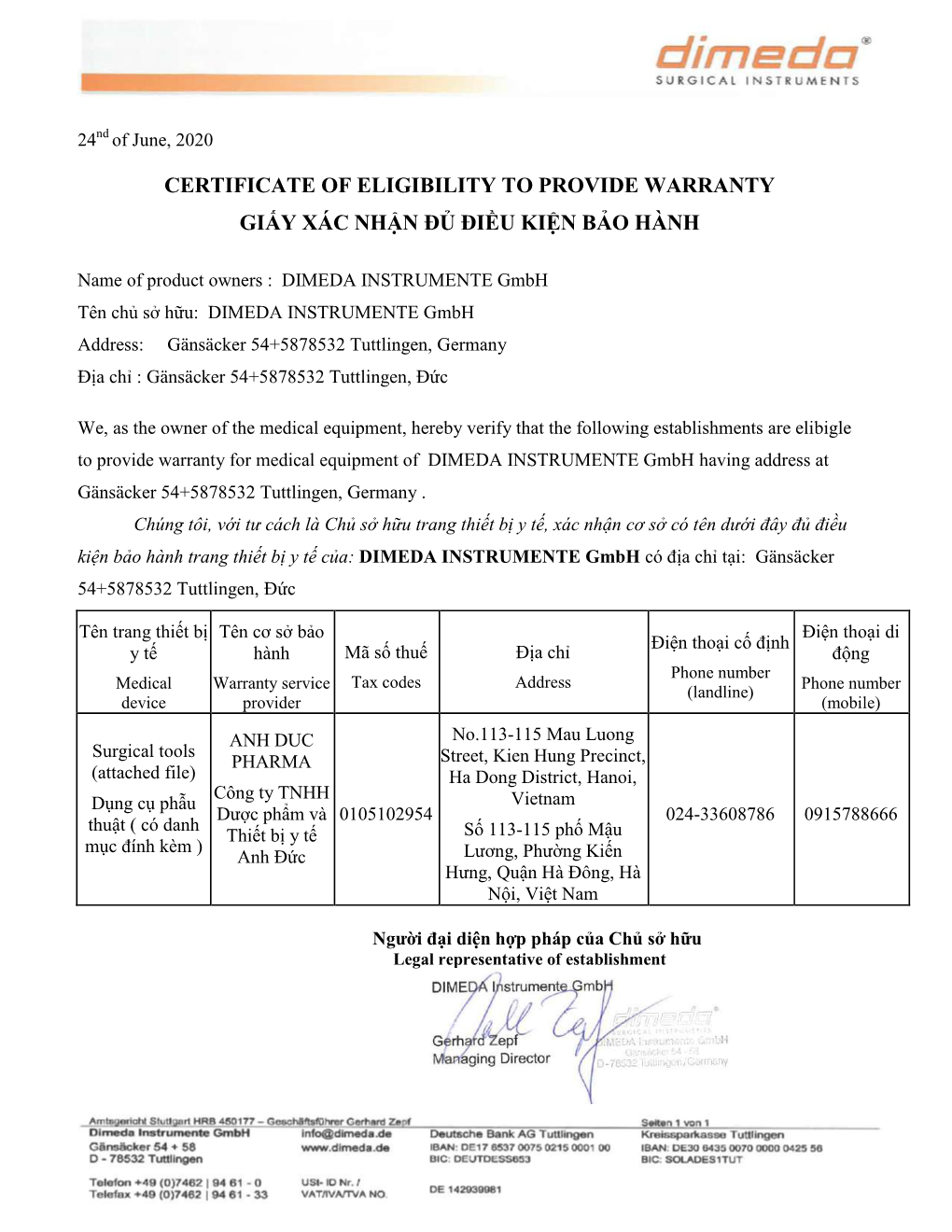 Certificate of Eligibility to Provide Warranty Giấy Xác Nhận Đủ Điều Kiện Bảo Hành