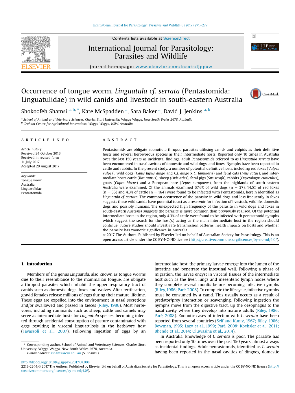 Occurrence of Tongue Worm, Linguatula Cf. Serrata (Pentastomida: Linguatulidae) in Wild Canids and Livestock in South-Eastern Australia