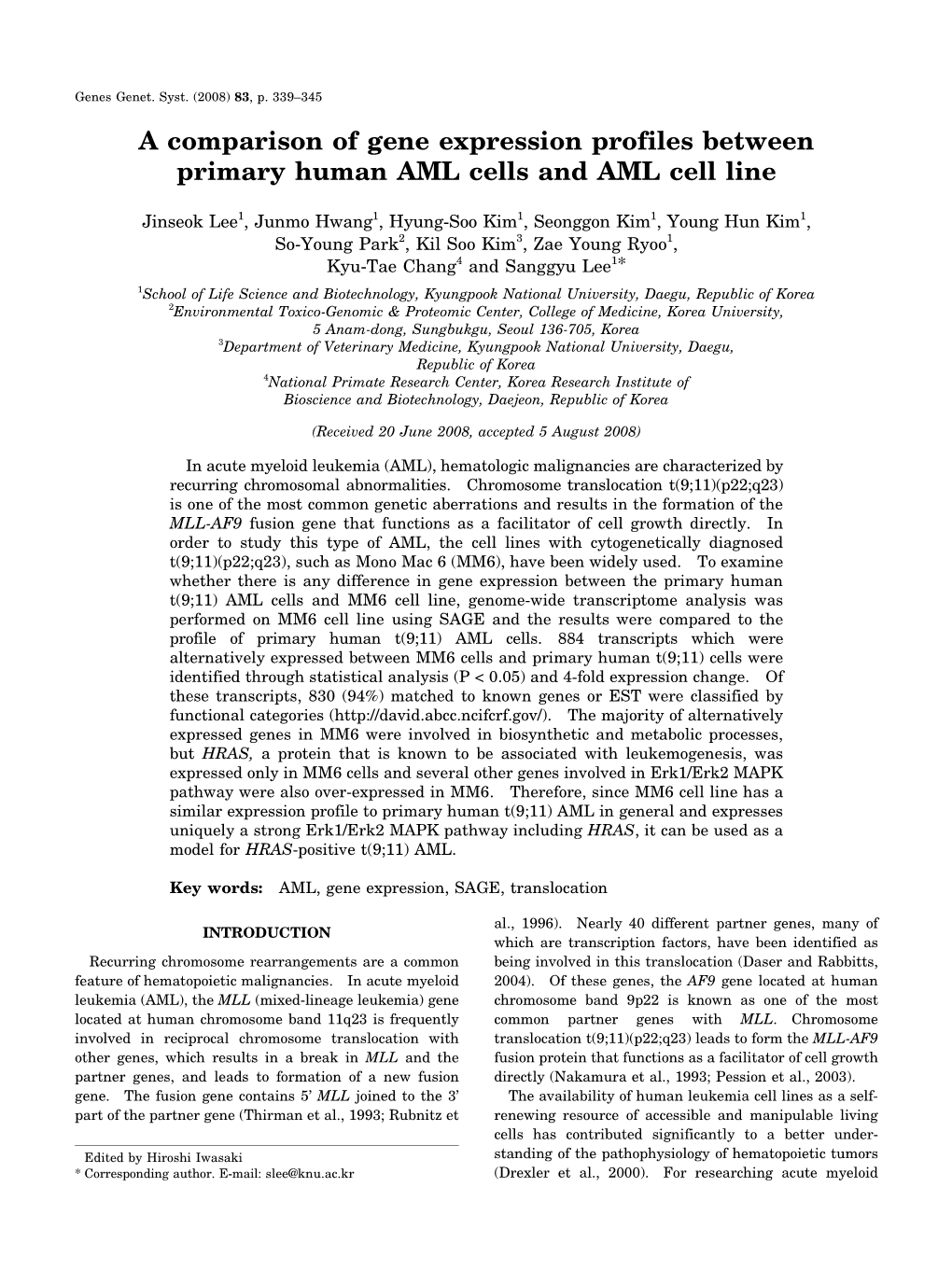 A Comparison of Gene Expression Profiles Between Primary Human AML Cells and AML Cell Line