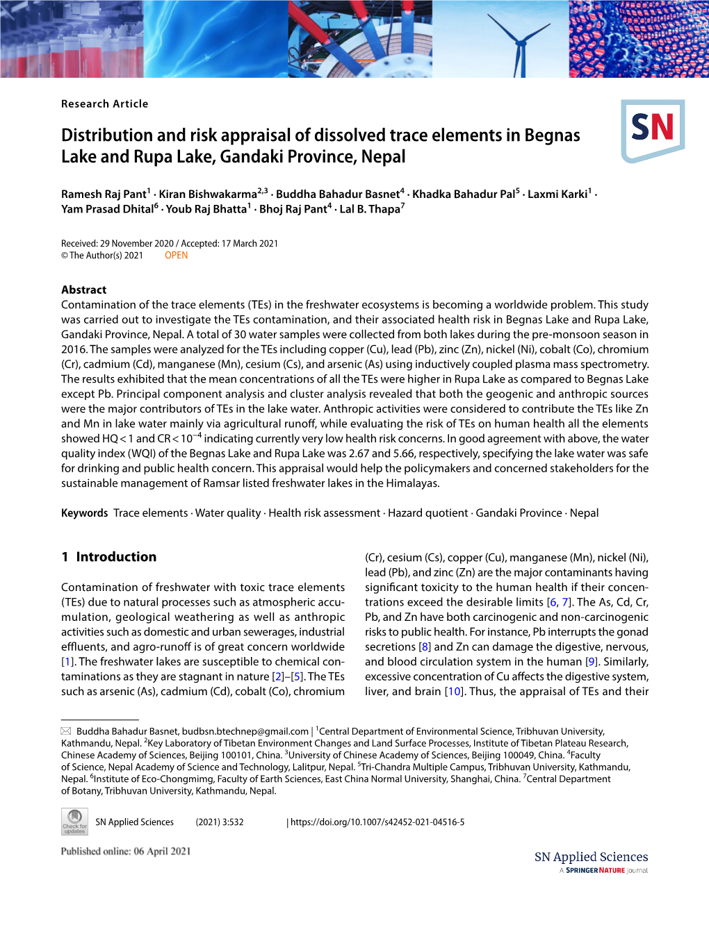 Distribution and Risk Appraisal of Dissolved Trace Elements in Begnas Lake and Rupa Lake, Gandaki Province, Nepal