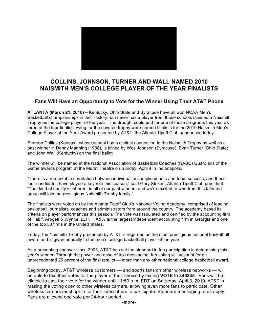 Collins, Johnson, Turner and Wall Named 2010 Naismith Men’S College Player of the Year Finalists