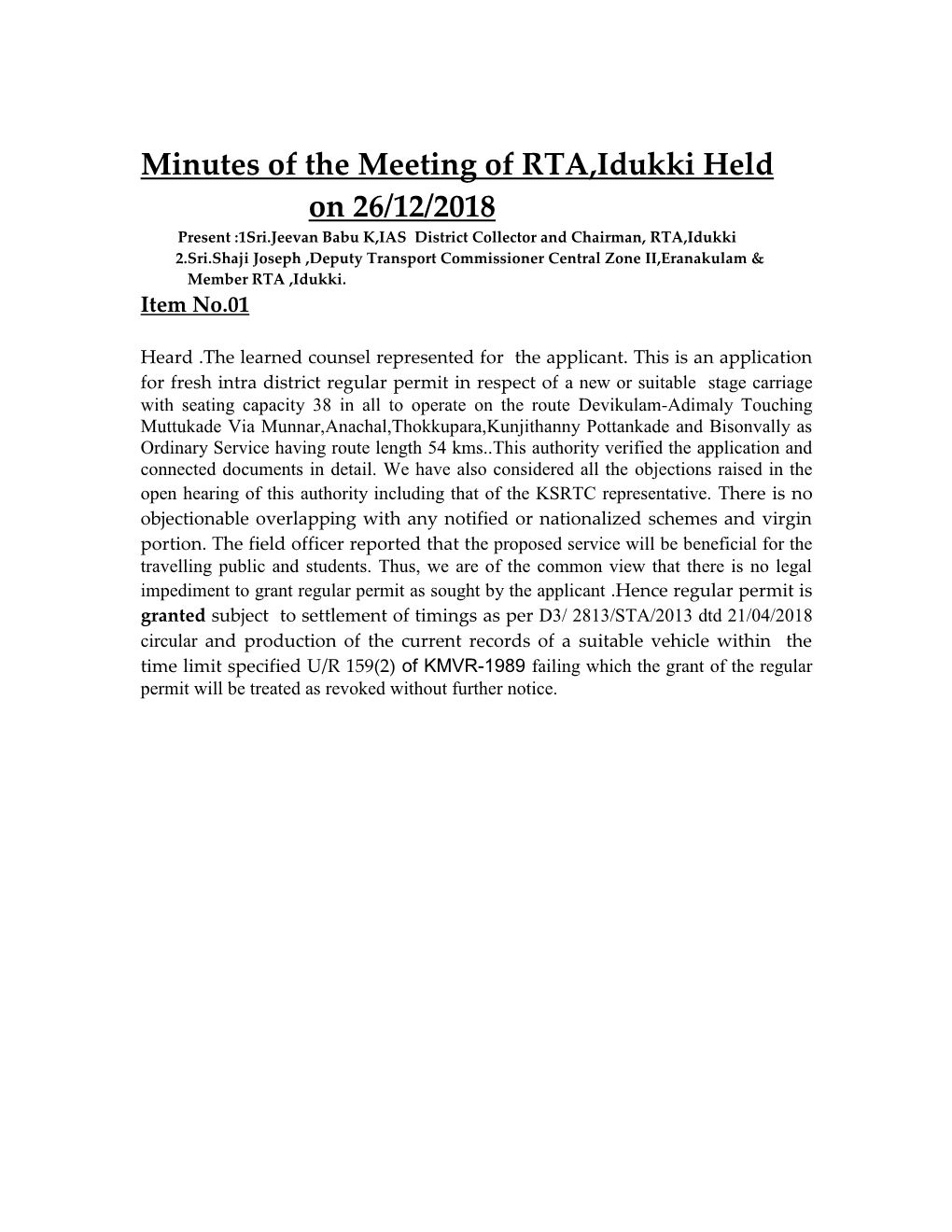 Minutes of the Meeting of RTA,Idukki Held on 26/12/2018