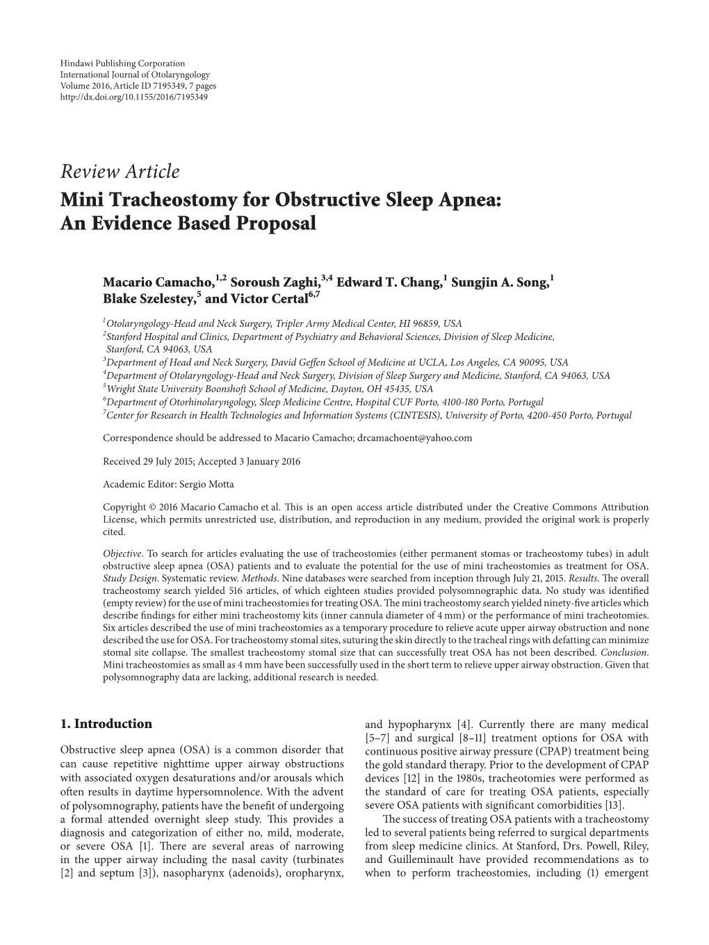 Review Article Mini Tracheostomy for Obstructive Sleep Apnea: an Evidence Based Proposal