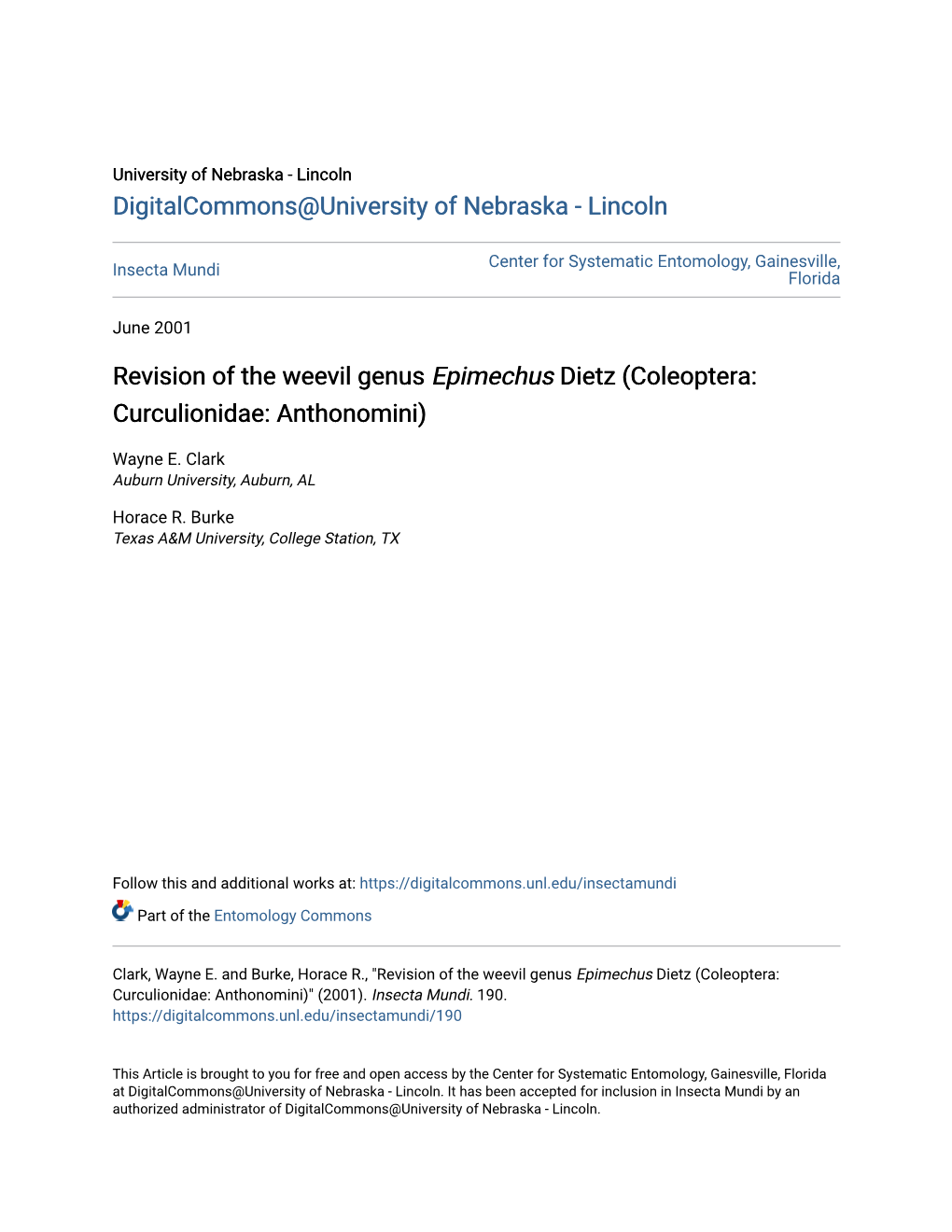 Revision of the Weevil Genus Epimechus Dietz (Coleoptera: Curculionidae: Anthonomini)