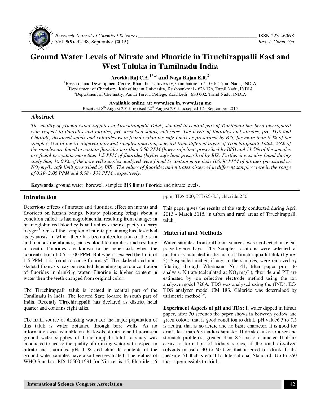 Ground Water Levels of Nitrate and Fluoride in Tiruchirappalli East and West Taluka in Tamilnadu India