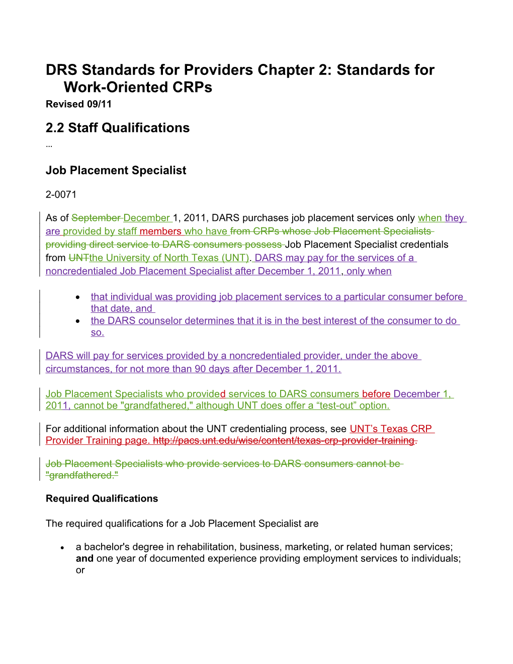 DARS DRS Standards for Providers Chapter 2 Revisions - September 2011