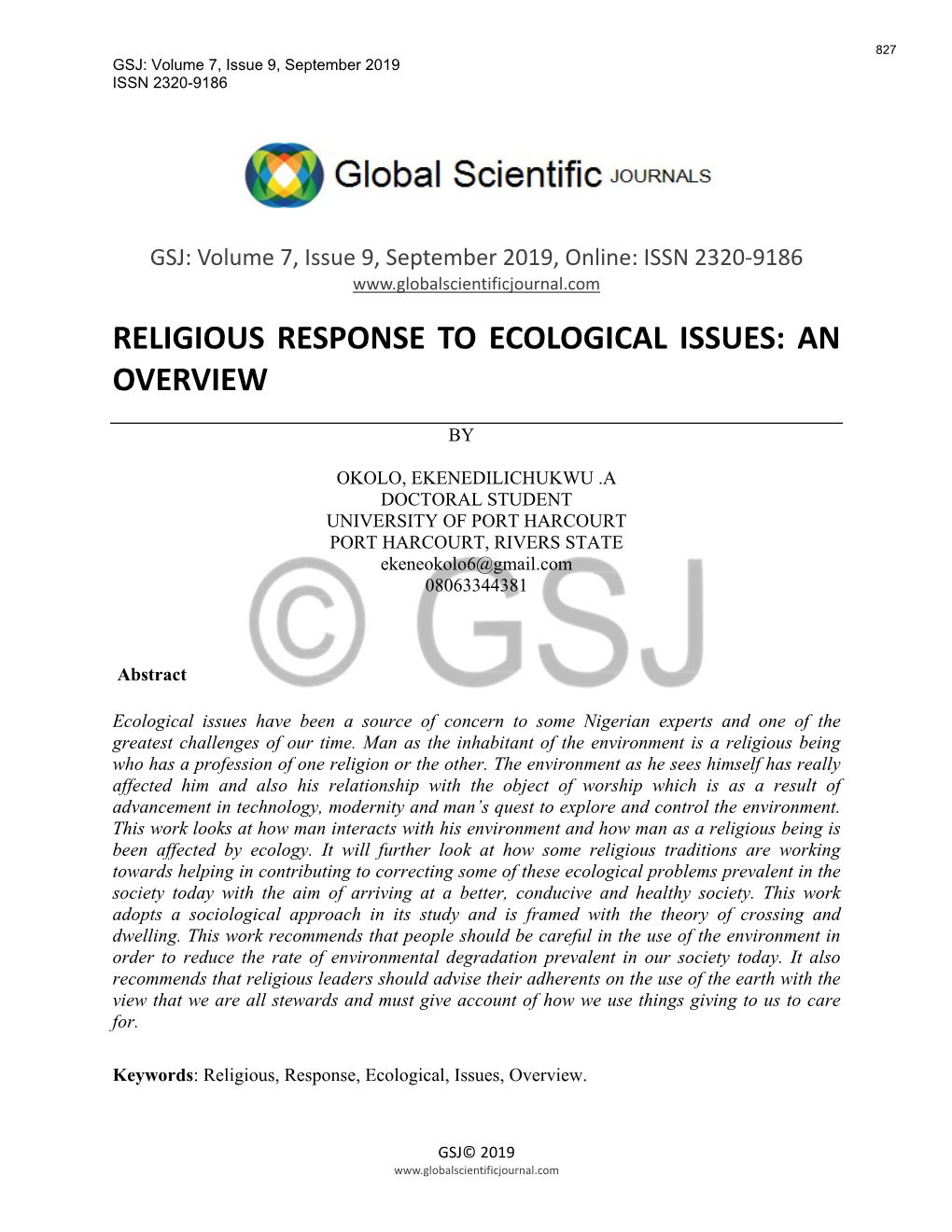 Religious Response to Ecological Issues: an Overview