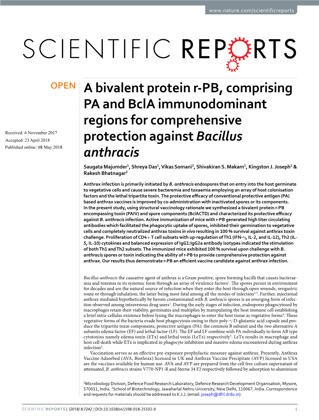 A Bivalent Protein R-PB, Comprising PA and Bcla Immunodominant Regions