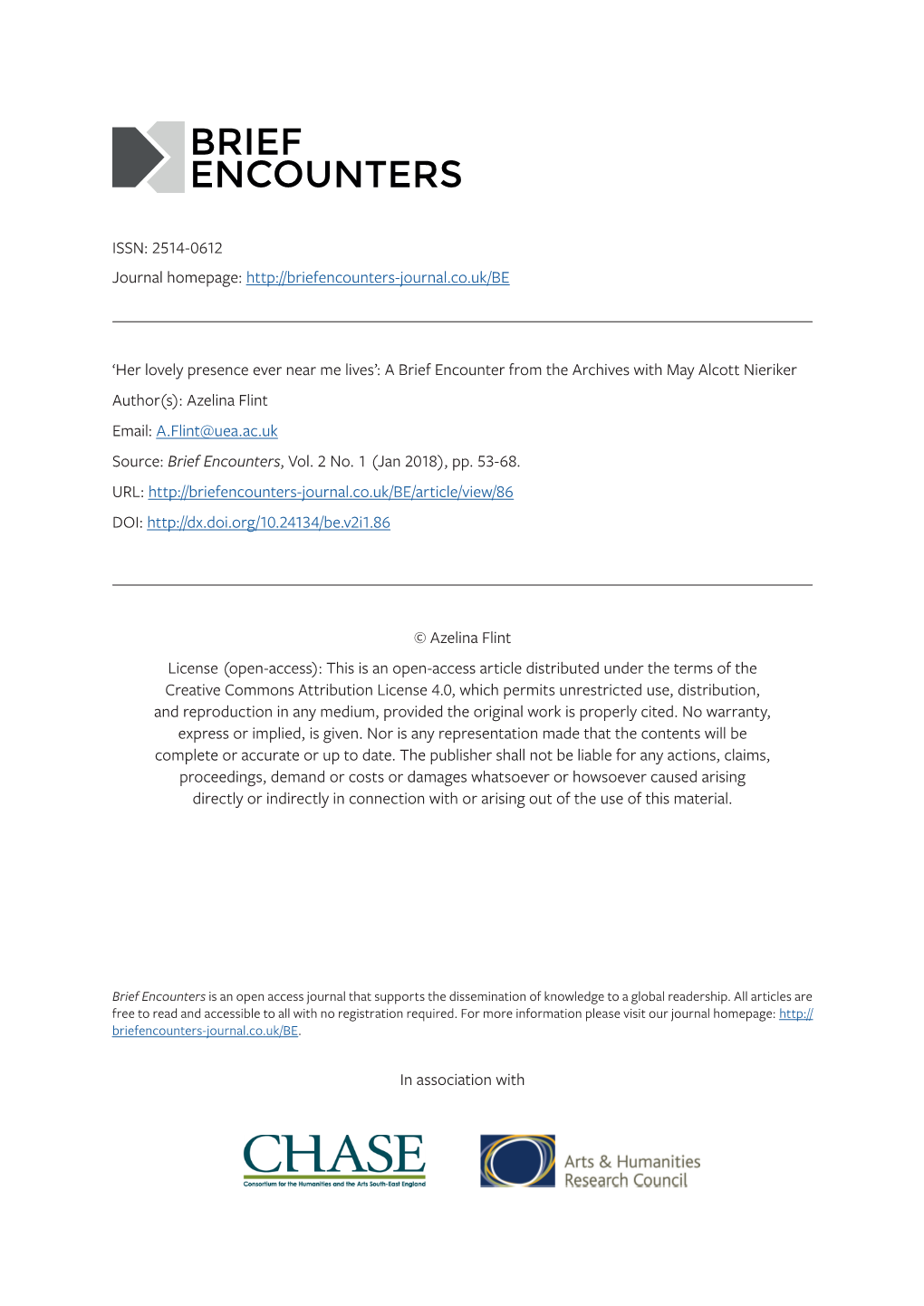 A Brief Encounter from the Archives with May Alcott Nieriker Author(S): Azelina Flint Email: A.Flint@Uea.Ac.Uk Source: Brief Encounters, Vol