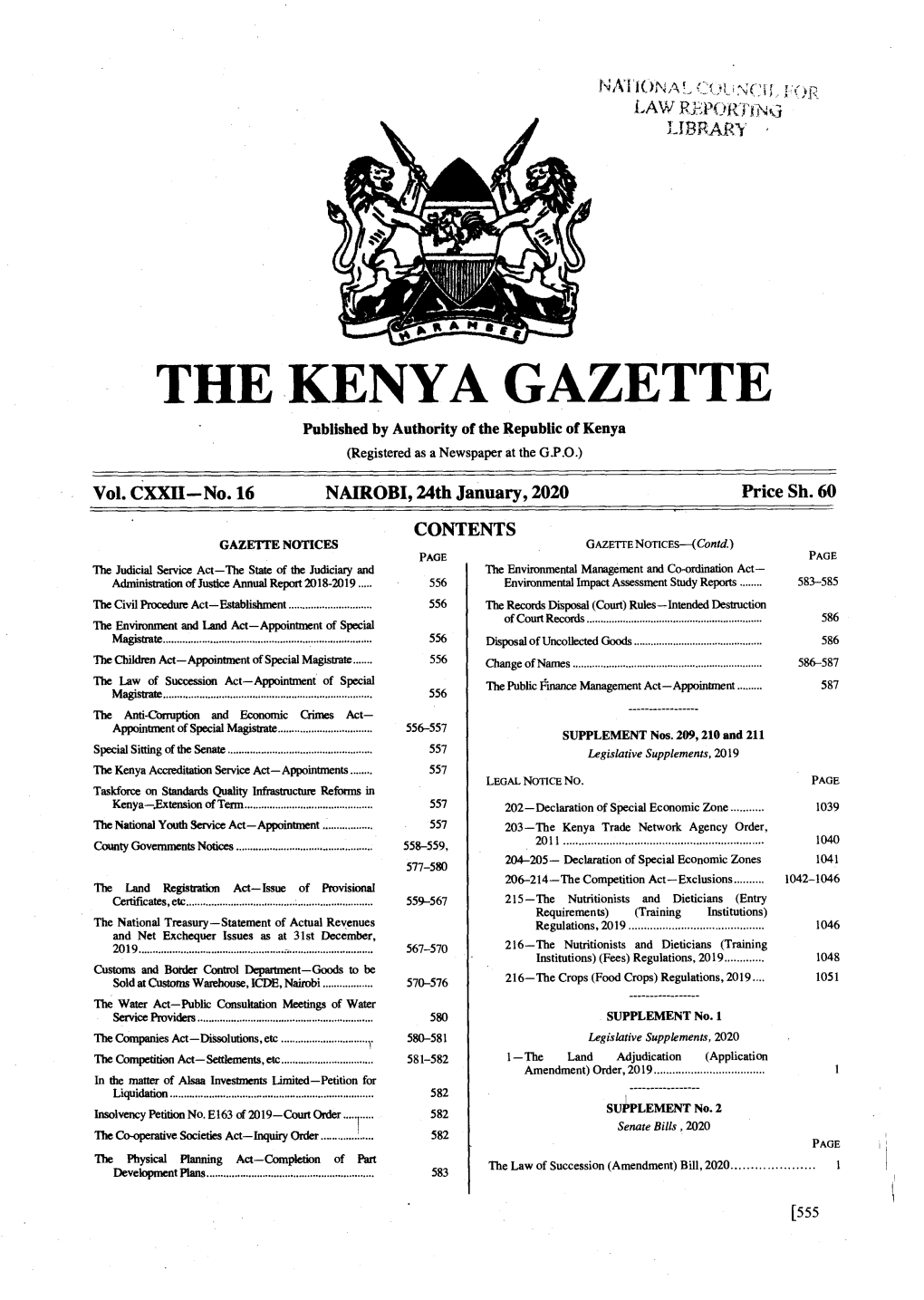 THE KENYA GAZETTE Published by Authority of the Republic of Kenya (Registered As a Newspaper at the GP .O.)