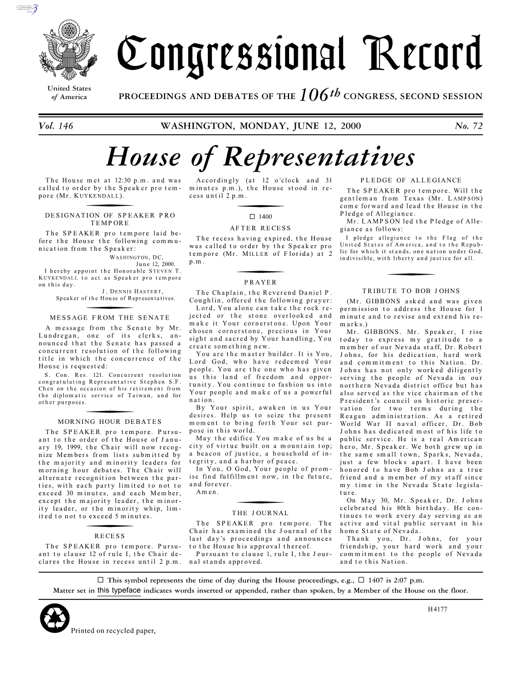 Congressional Record United States of America PROCEEDINGS and DEBATES of the 106Th CONGRESS, SECOND SESSION