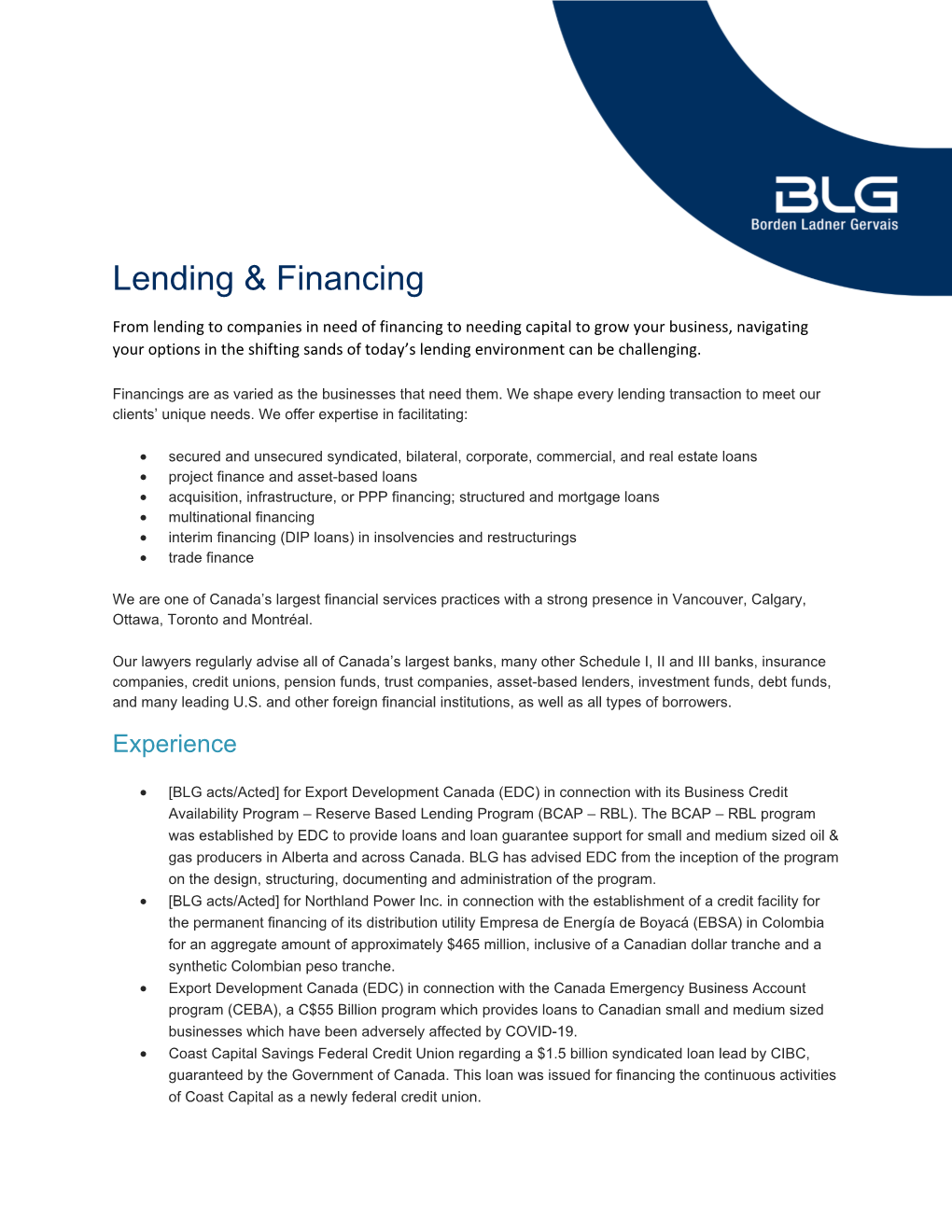 BLG Acts/Acted] for Export Development Canada (EDC) in Connection with Its Business Credit Availability Program – Reserve Based Lending Program (BCAP – RBL)