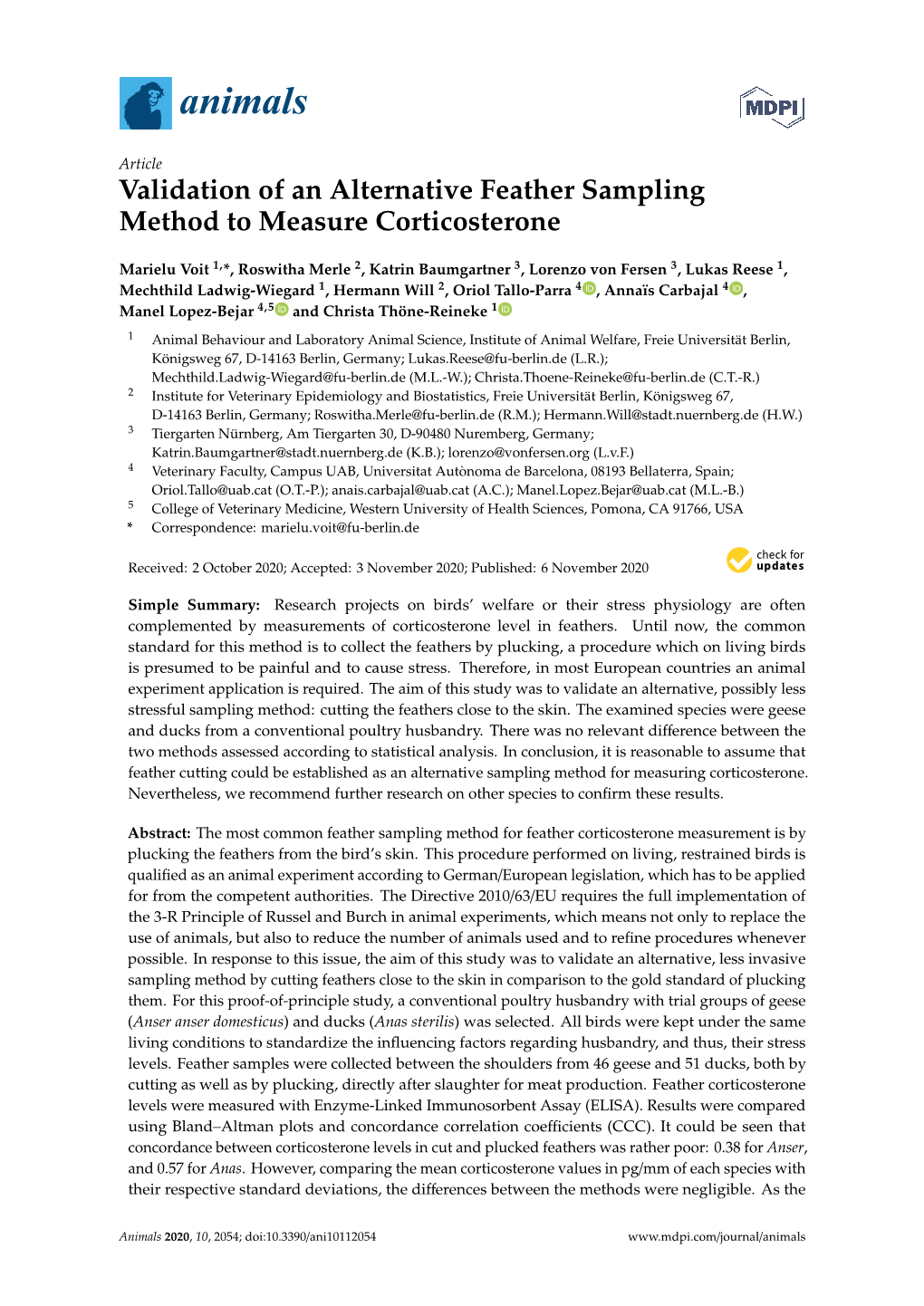 Validation of an Alternative Feather Sampling Method to Measure Corticosterone