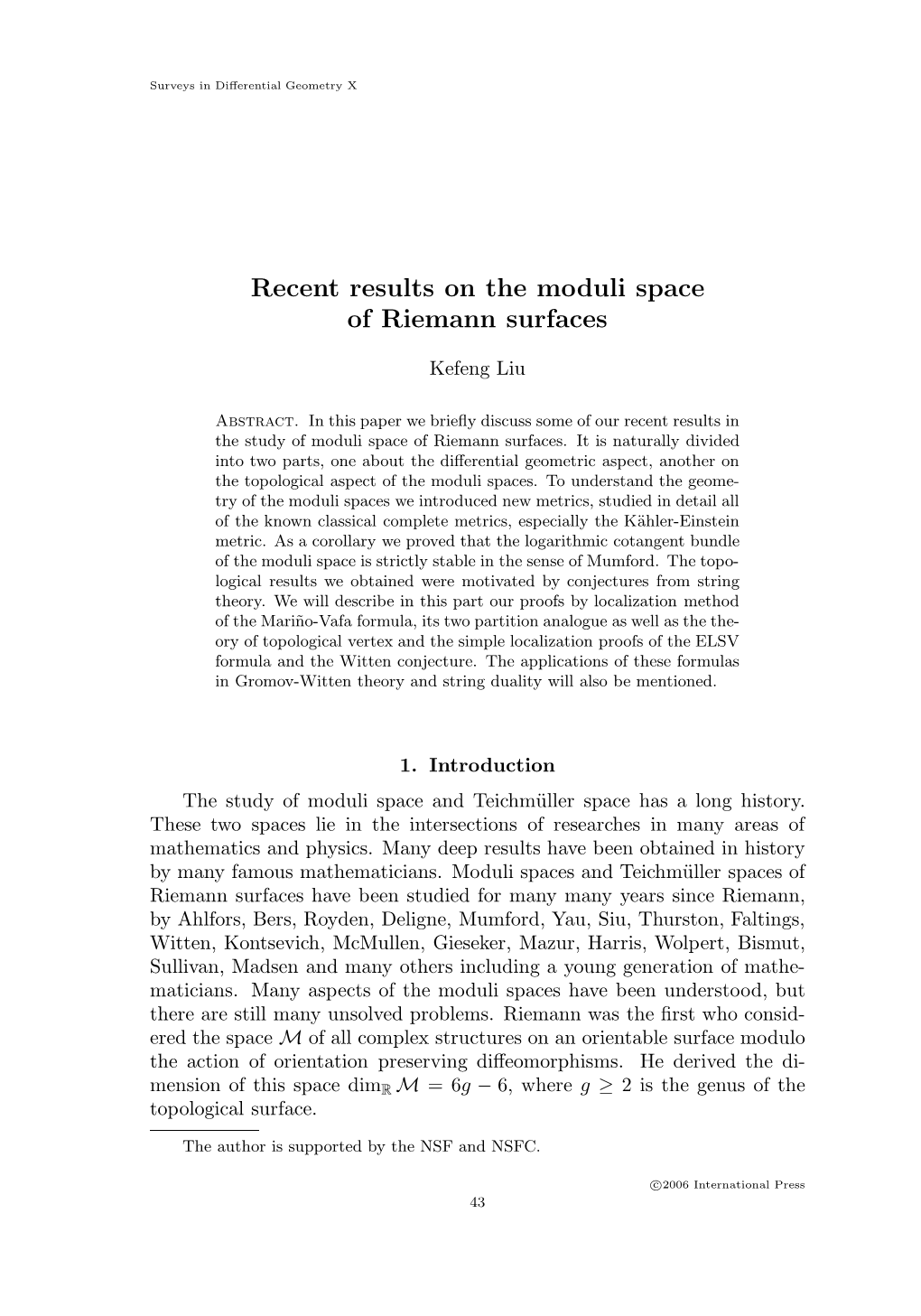 Recent Results on the Moduli Space of Riemann Surfaces