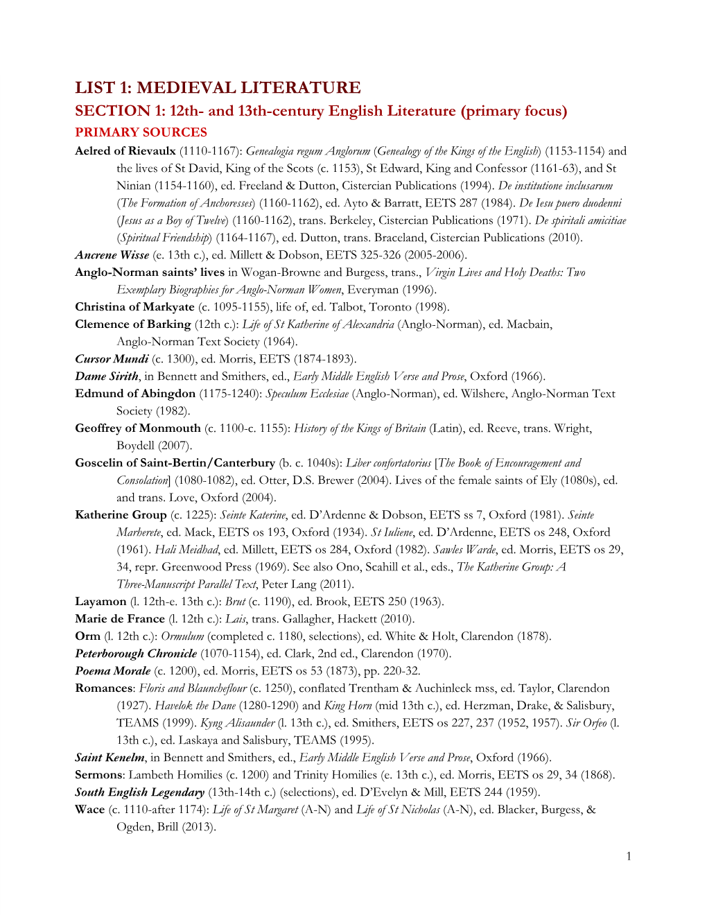List 1: Medieval Literature