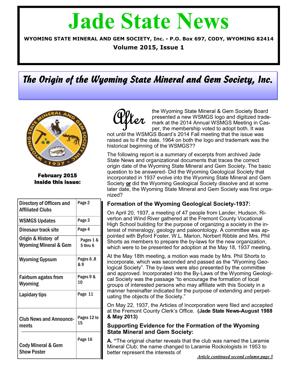 Jade State News WYOMING STATE MINERAL and GEM SOCIETY, Inc