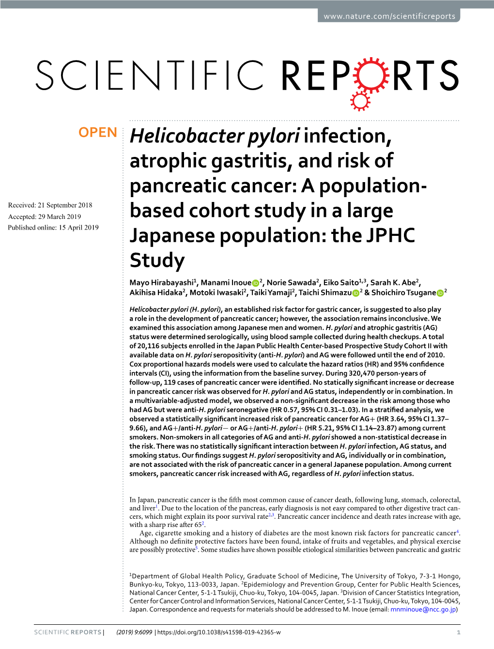 Helicobacter Pylori Infection, Atrophic Gastritis, and Risk of Pancreatic Cancer