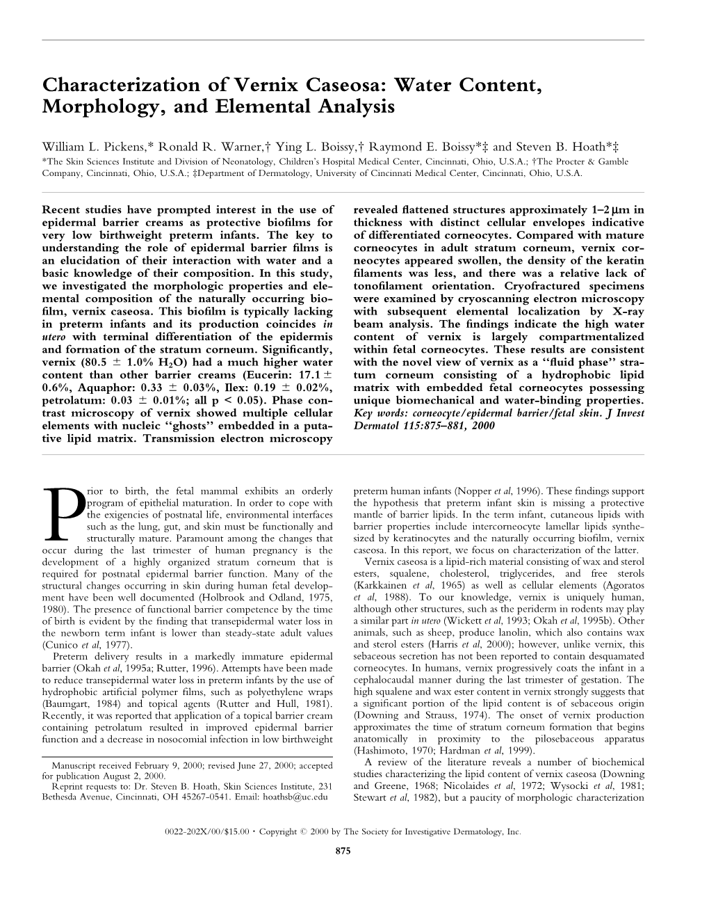 Characterization of Vernix Caseosa: Water Content, Morphology, and Elemental Analysis