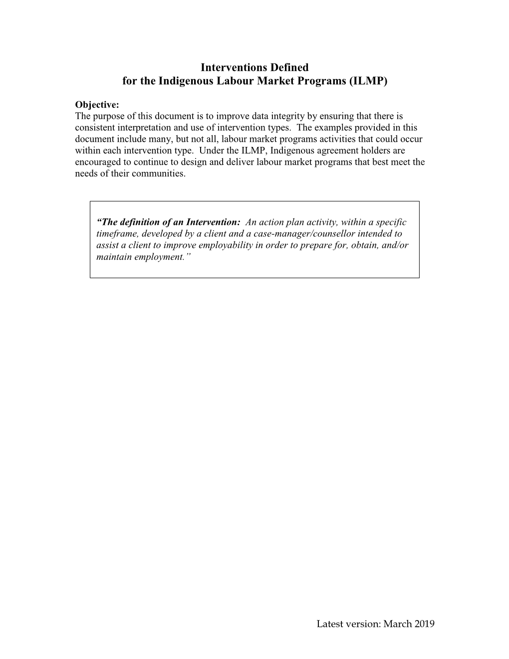 Interventions Defined for the Indigenous Labour Market Programs (ILMP)
