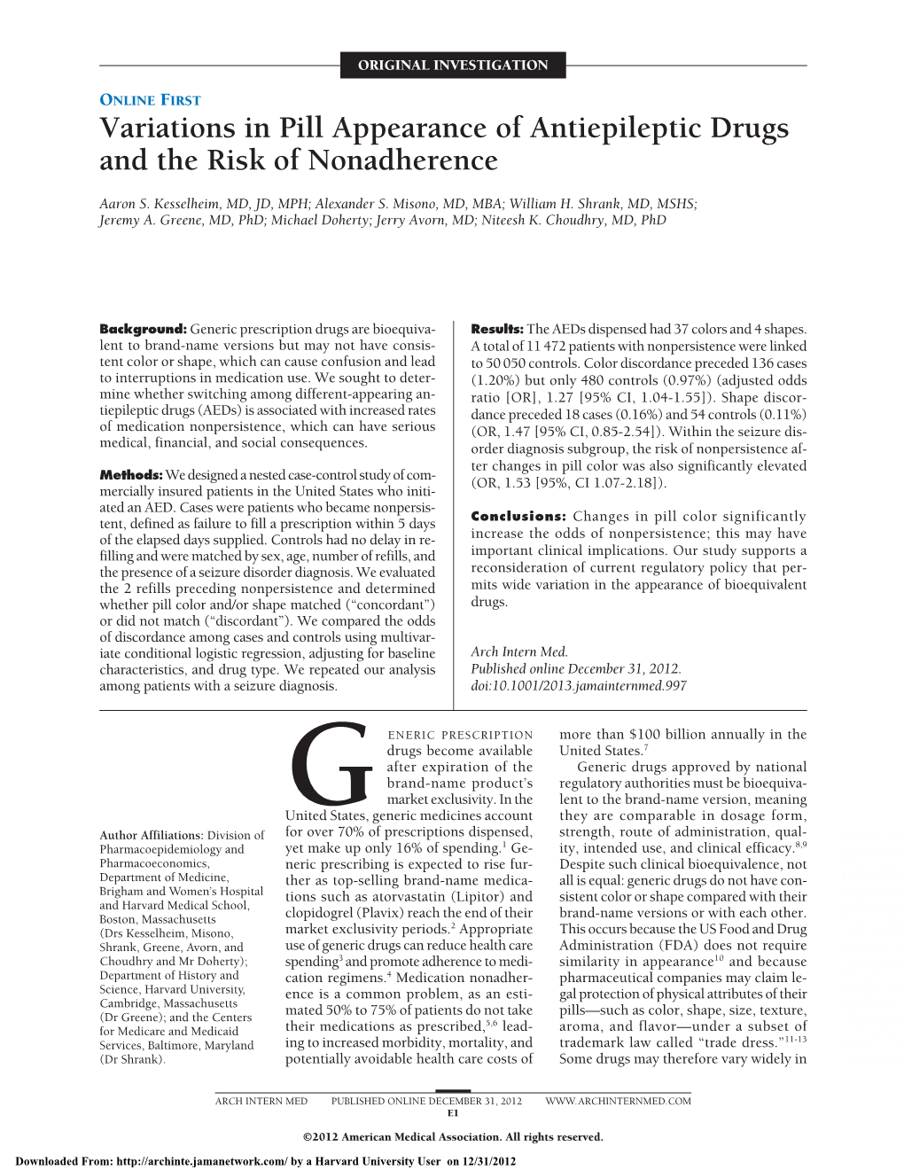 Variations in Pill Appearance of Antiepileptic Drugs and the Risk of Nonadherence