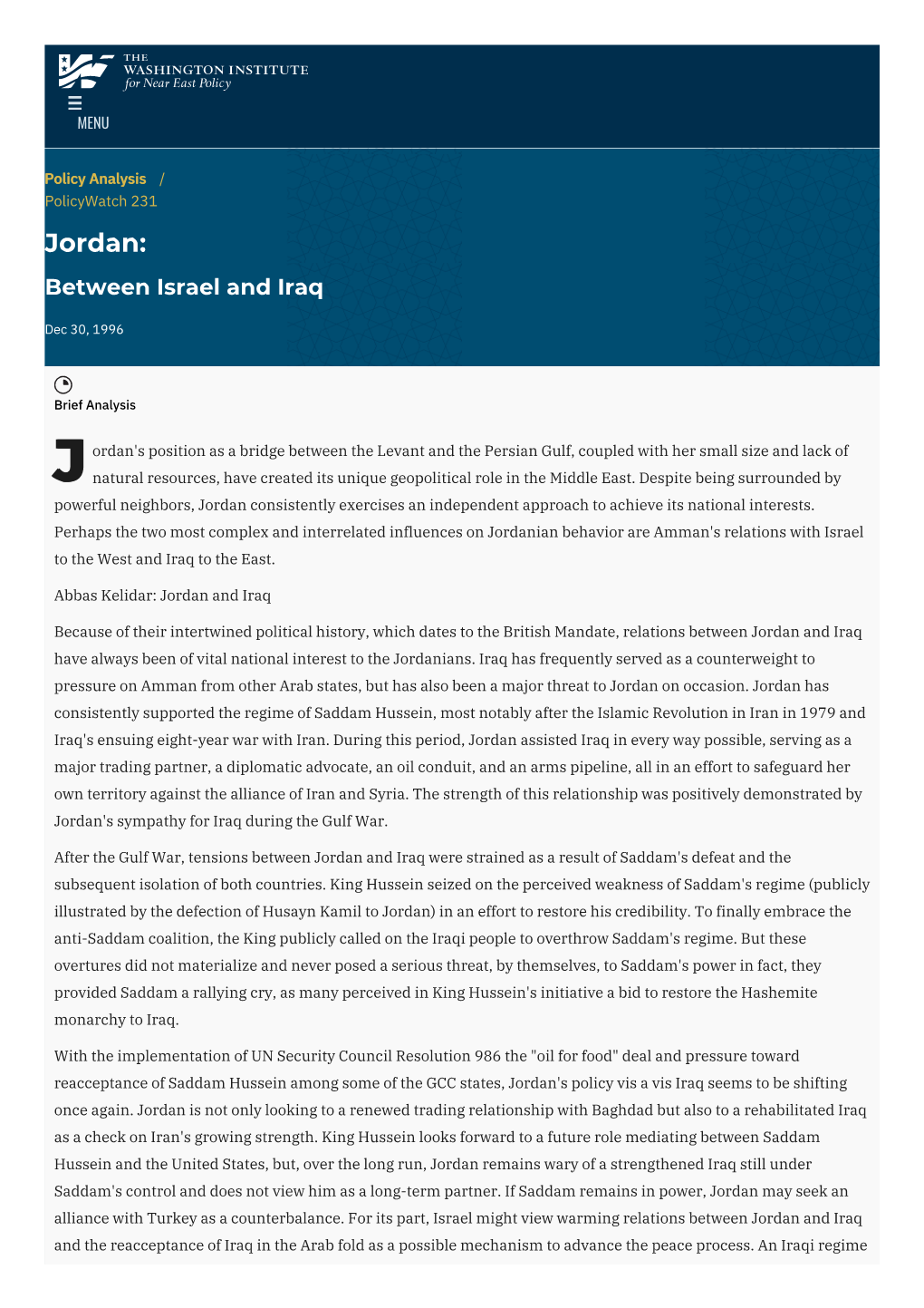Jordan: Between Israel and Iraq | the Washington Institute
