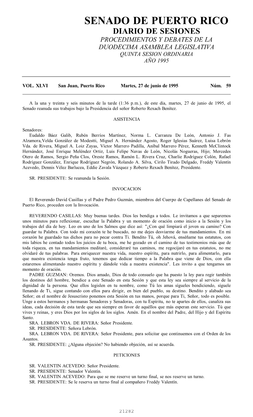 Senado De Puerto Rico Diario De Sesiones Procedimientos Y Debates De La Duodecima Asamblea Legislativa Quinta Sesion Ordinaria Año 1995