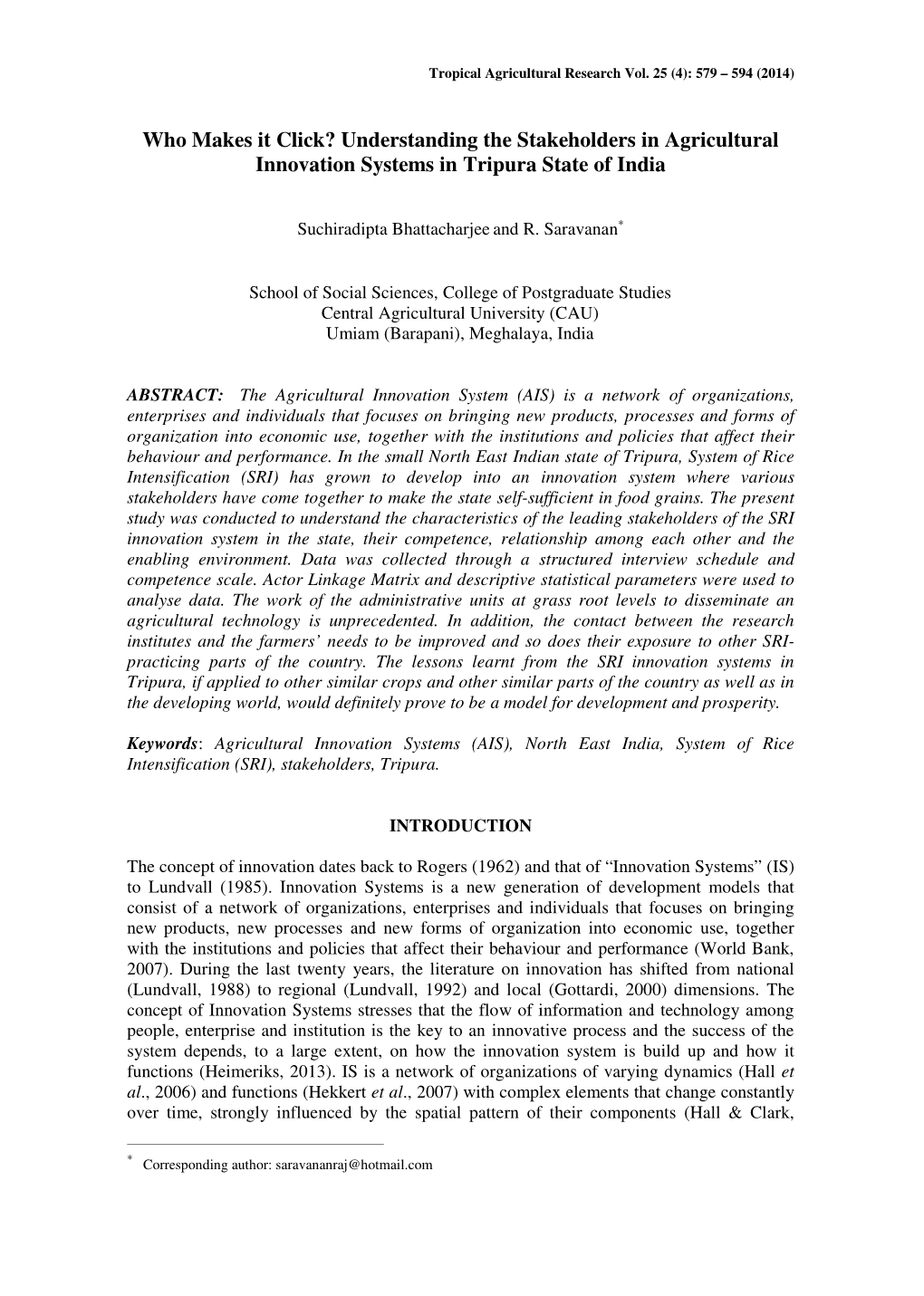 Understanding the Stakeholders in Agricultural Innovation Systems in Tripura State of India