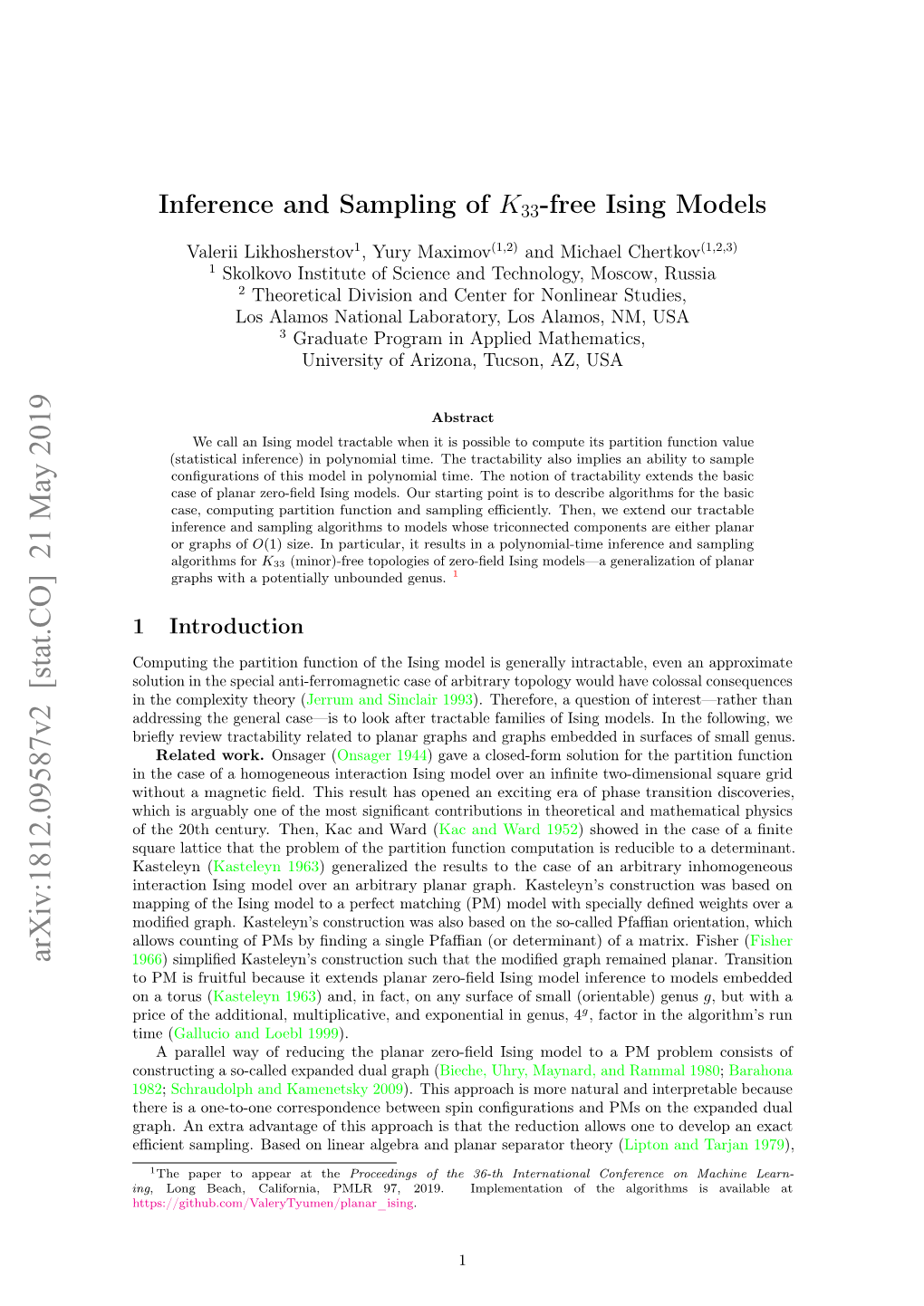 Inference and Sampling of K33-Free Ising Models