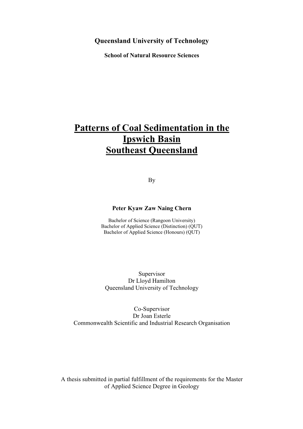 Patterns of Coal Sedimentation in the Ipswich Basin Southeast Queensland