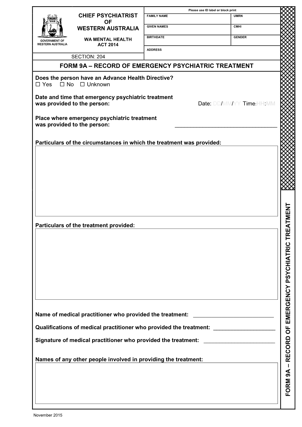 Record of Emergency Psychiatric Treatment Form