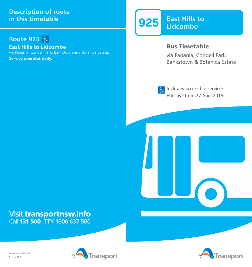 925 Lidcombe Route 925 East Hills to Lidcombe Bus Timetable Via Panania, Condell Park, Bankstown and Botanica Estate