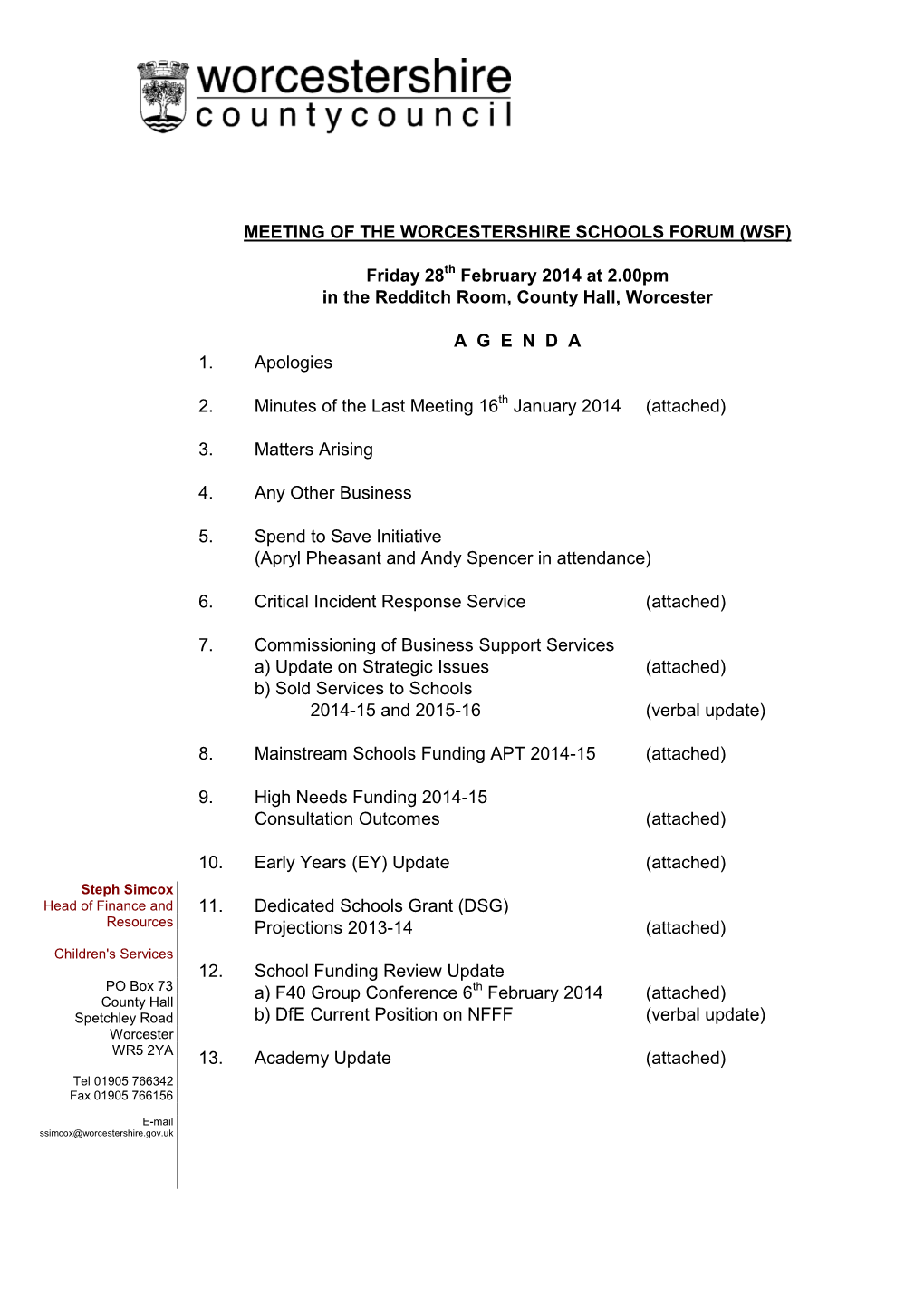 Meeting of the Worcestershire Schools Forum (Wsf)