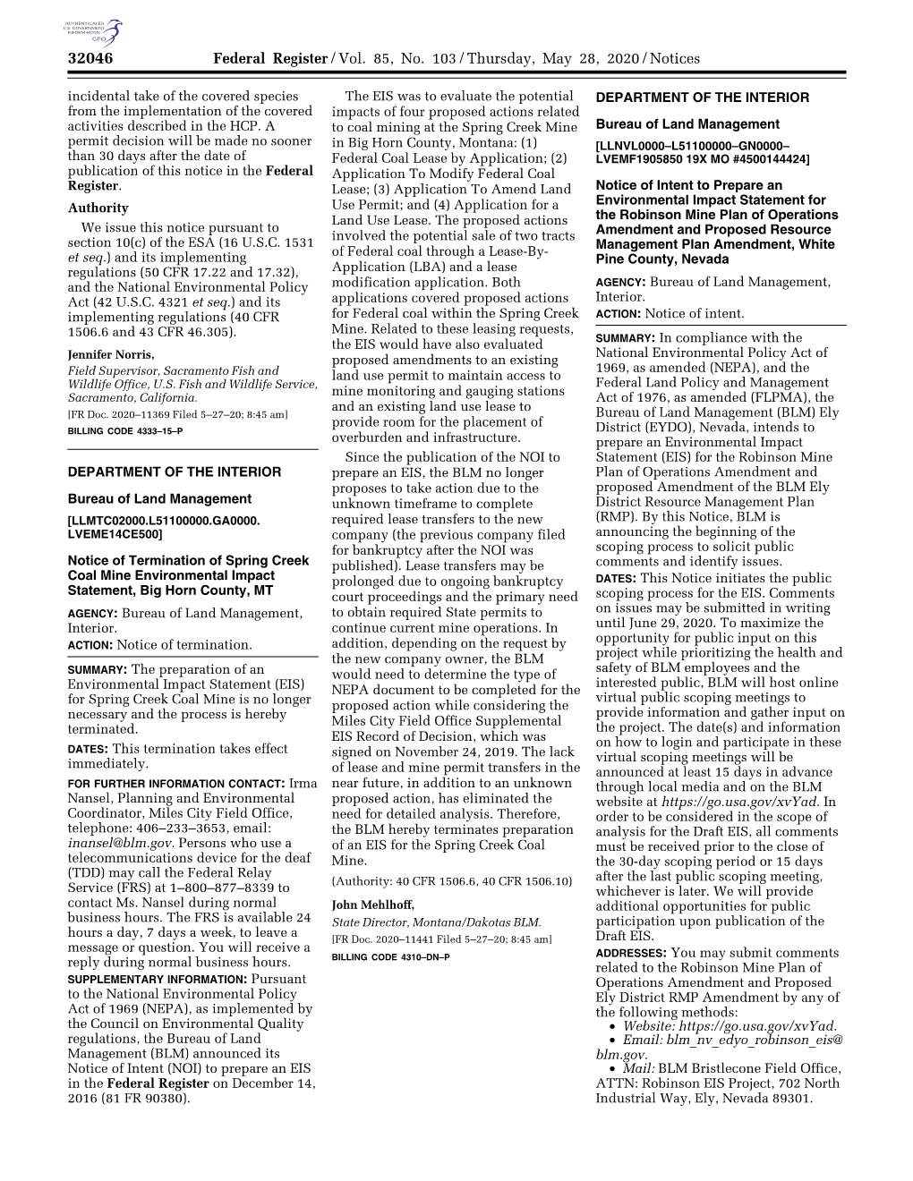 Federal Register/Vol. 85, No. 103/Thursday, May 28, 2020/Notices