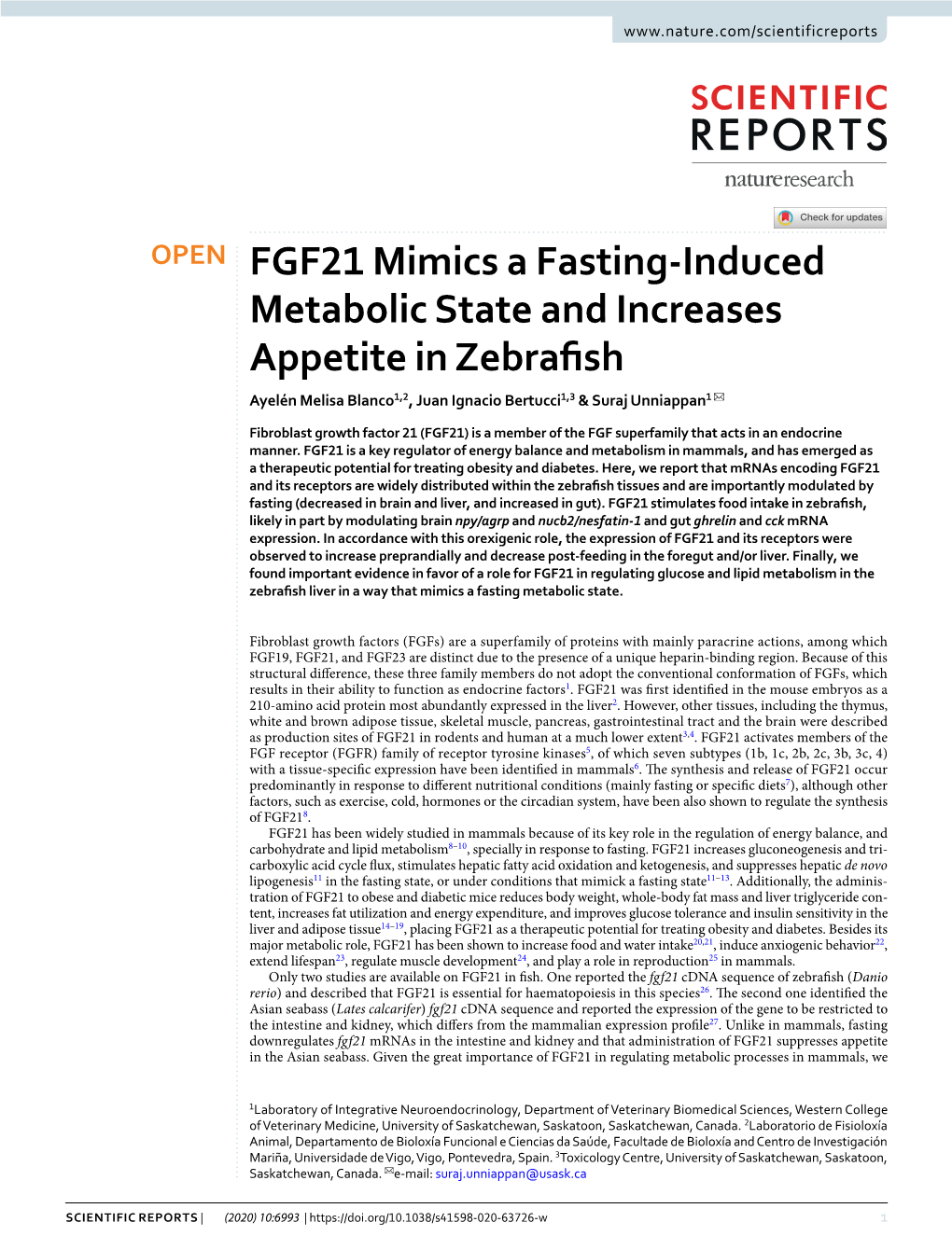 FGF21 Mimics a Fasting-Induced Metabolic State and Increases Appetite in Zebrafsh Ayelén Melisa Blanco1,2, Juan Ignacio Bertucci1,3 & Suraj Unniappan1 ✉