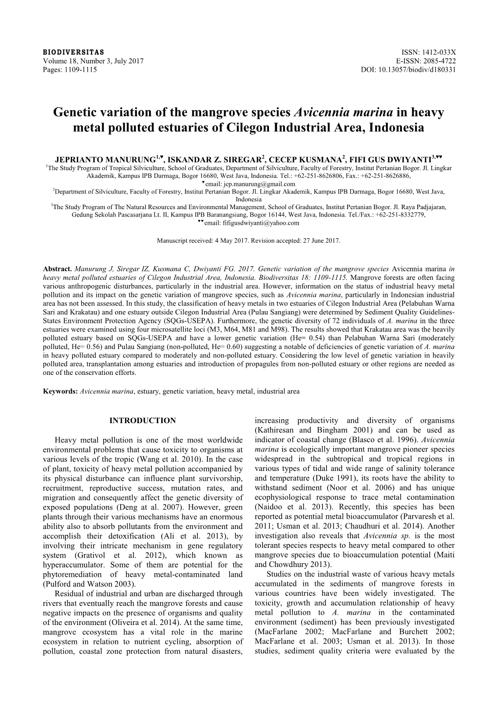 Genetic Variation of the Mangrove Species Avicennia Marina in Heavy Metal Polluted Estuaries of Cilegon Industrial Area, Indonesia