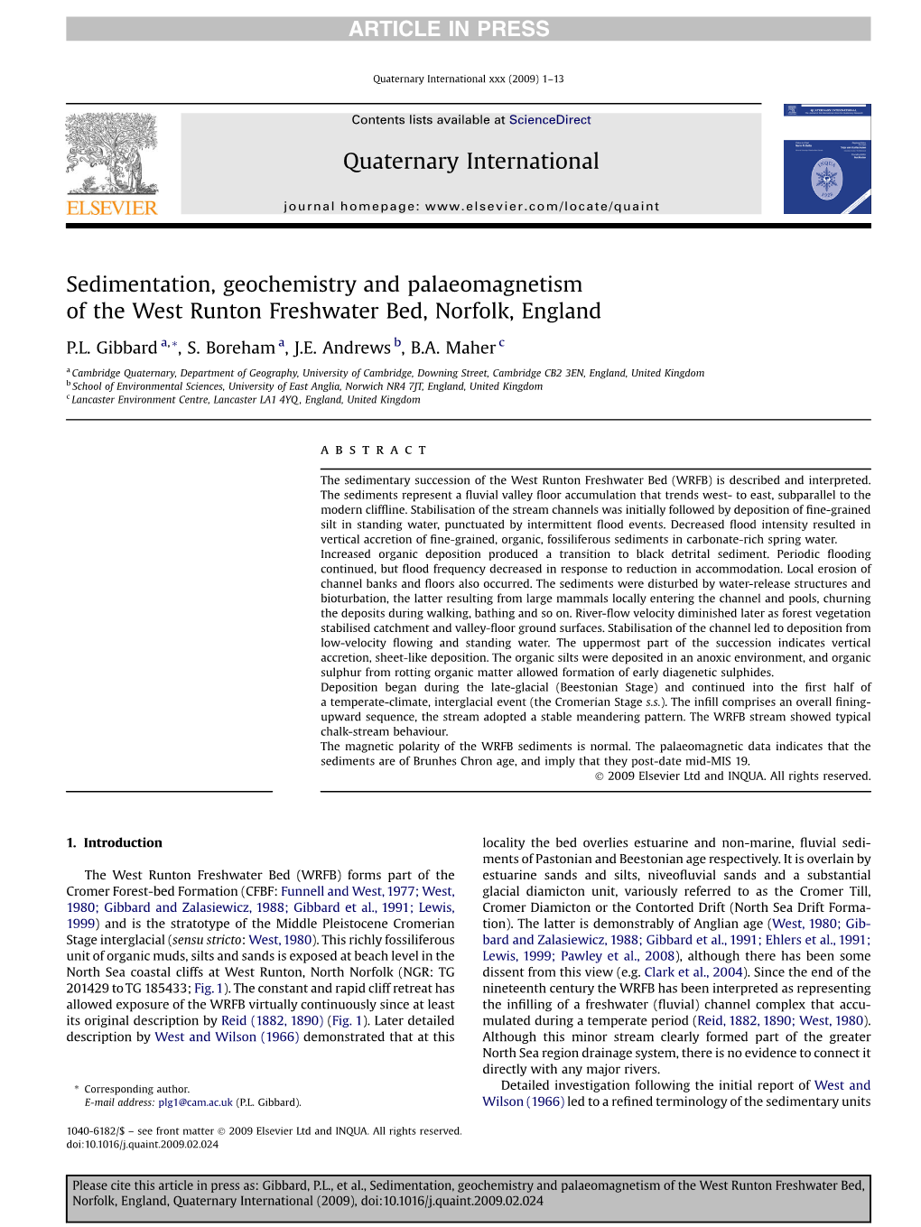 Sedimentation, Geochemistry and Palaeomagnetism of the West Runton Freshwater Bed, Norfolk, England