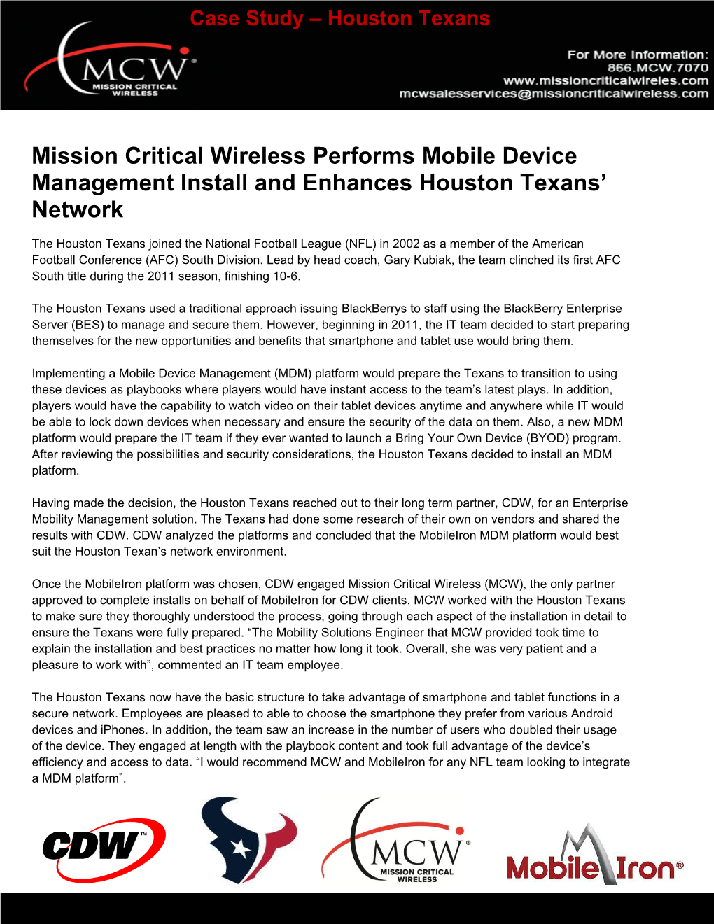 Mission Critical Wireless Performs Mobile Device Management Install and Enhances Houston Texans’ Network