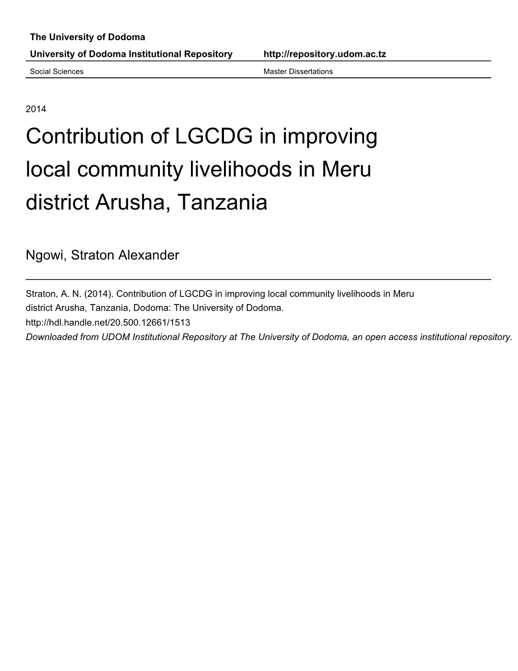 Contribution of LGCDG in Improving Local Community Livelihoods in Meru District Arusha, Tanzania