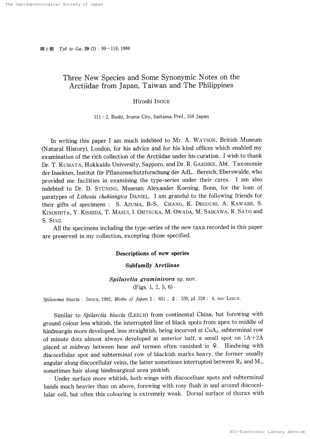 Three New Species and Some Synonymic Notes on the Arctiidae from Japan, Taiwan and the Philippines