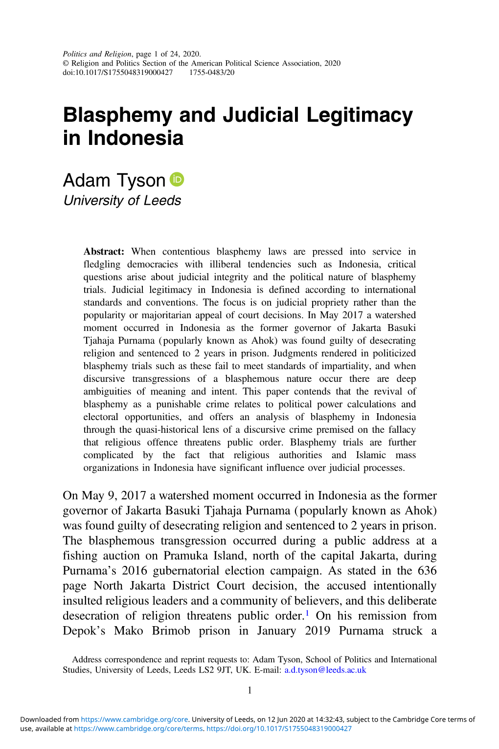 Blasphemy and Judicial Legitimacy in Indonesia
