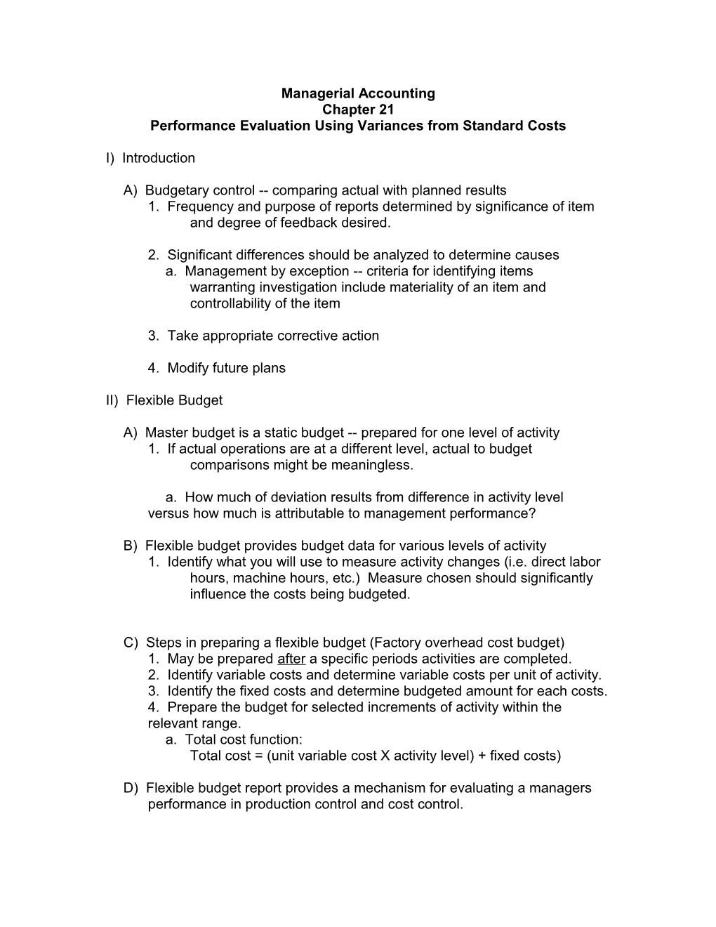 Performance Evaluation Using Variances from Standard Costs