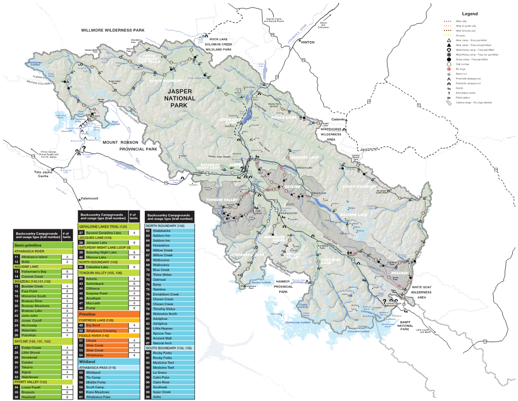 Backcountry Map of Jasper National Park