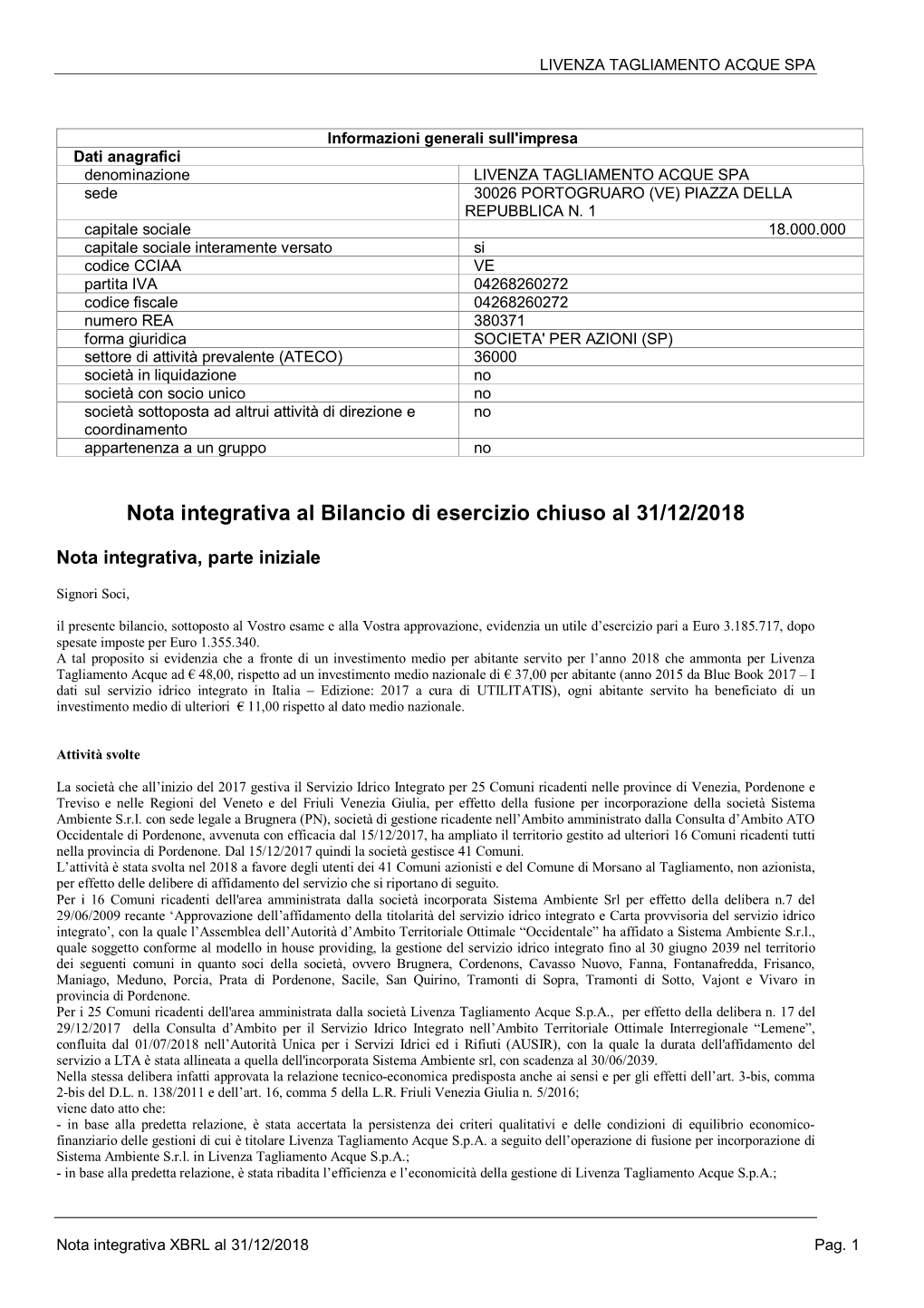 Nota Integrativa Al Bilancio Di Esercizio Chiuso Al 31/12/2018