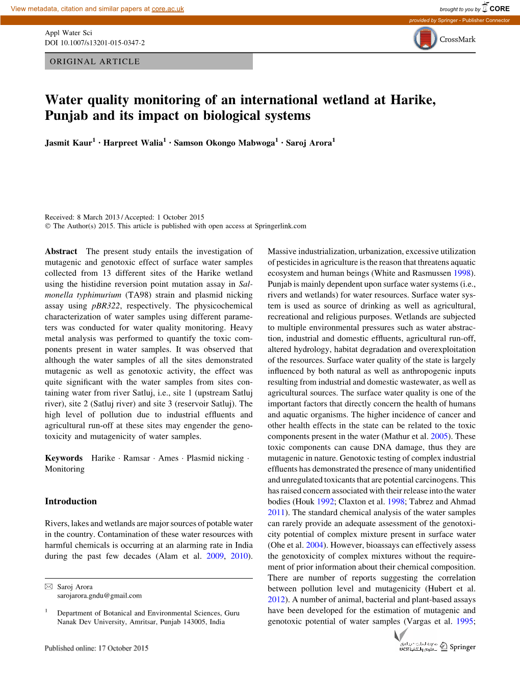 Water Quality Monitoring of an International Wetland at Harike, Punjab and Its Impact on Biological Systems