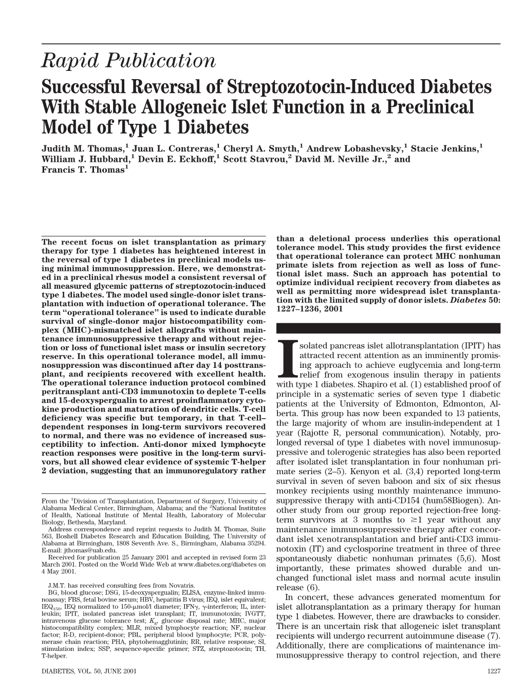 Successful Reversal of Streptozotocin-Induced Diabetes with Stable Allogeneic Islet Function in a Preclinical Model of Type 1 Diabetes Judith M