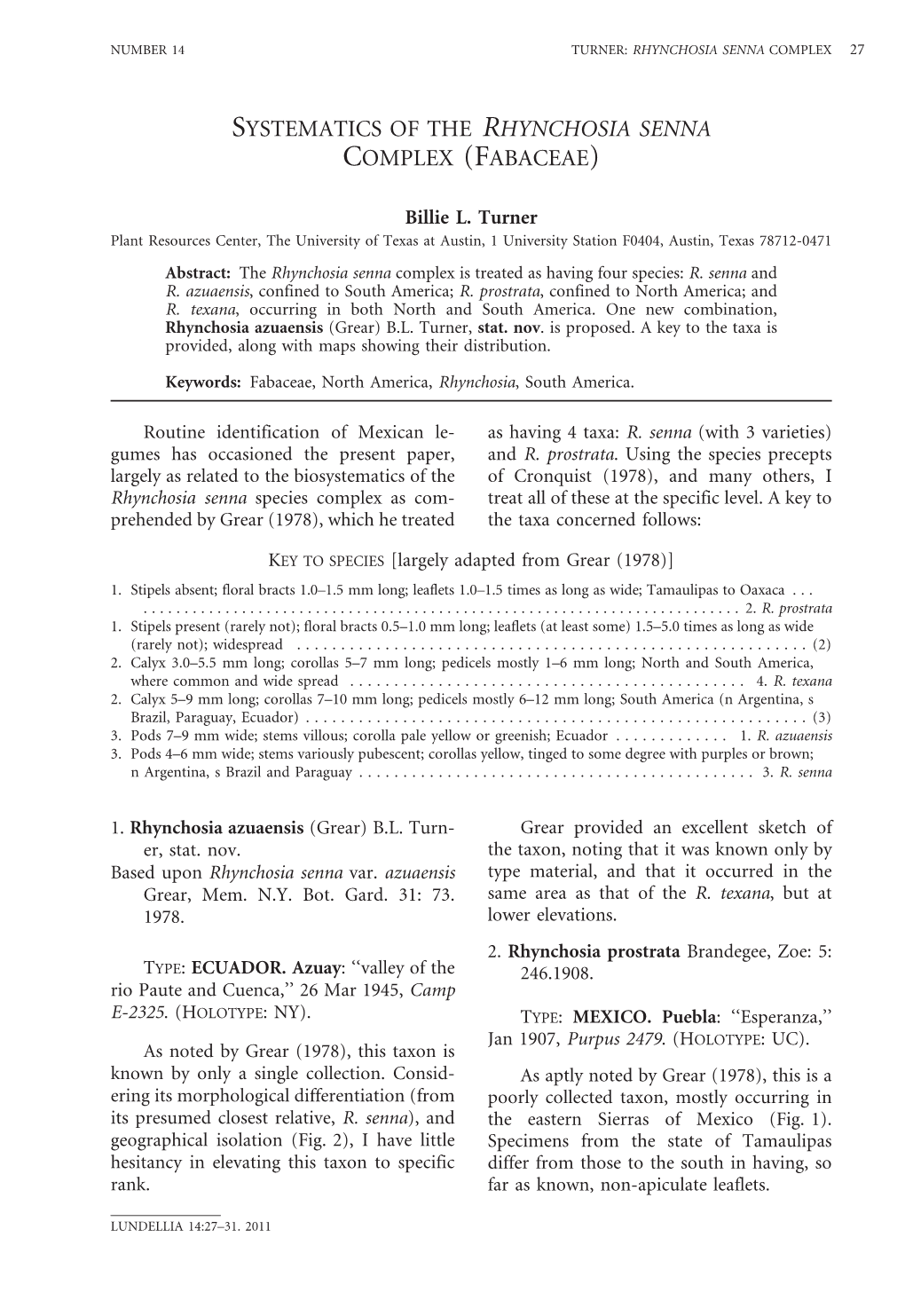 Systematics of the Rhynchosia Senna Complex (Fabaceae)