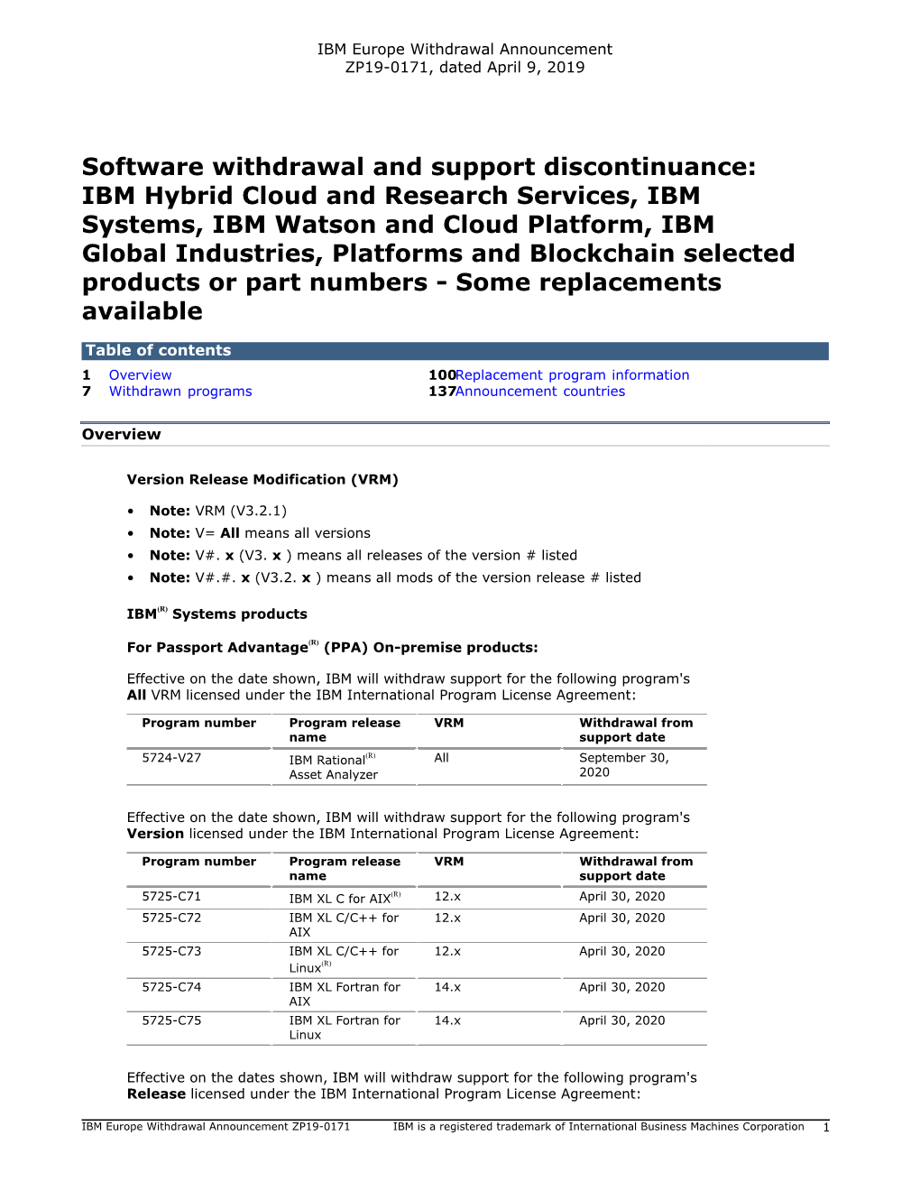 IBM Informix Software Withdrawal and Support Discontinuance